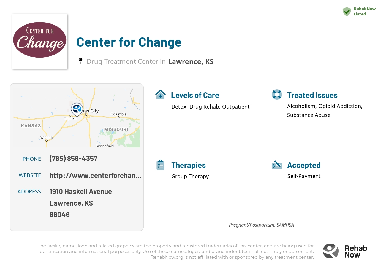 Helpful reference information for Center for Change, a drug treatment center in Kansas located at: 1910 1910 Haskell Avenue, Lawrence, KS 66046, including phone numbers, official website, and more. Listed briefly is an overview of Levels of Care, Therapies Offered, Issues Treated, and accepted forms of Payment Methods.