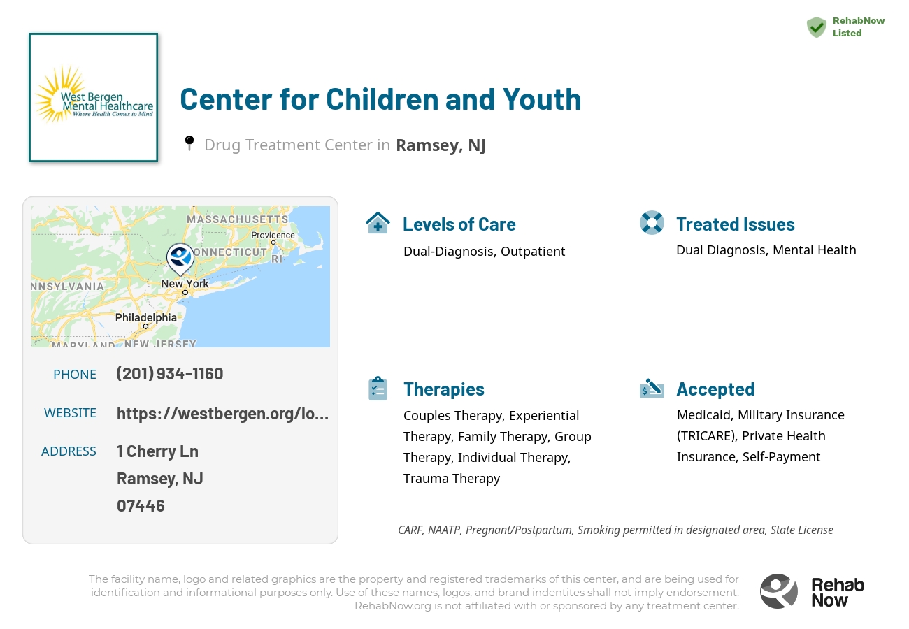 Helpful reference information for Center for Children and Youth, a drug treatment center in New Jersey located at: 1 Cherry Ln, Ramsey, NJ 07446, including phone numbers, official website, and more. Listed briefly is an overview of Levels of Care, Therapies Offered, Issues Treated, and accepted forms of Payment Methods.