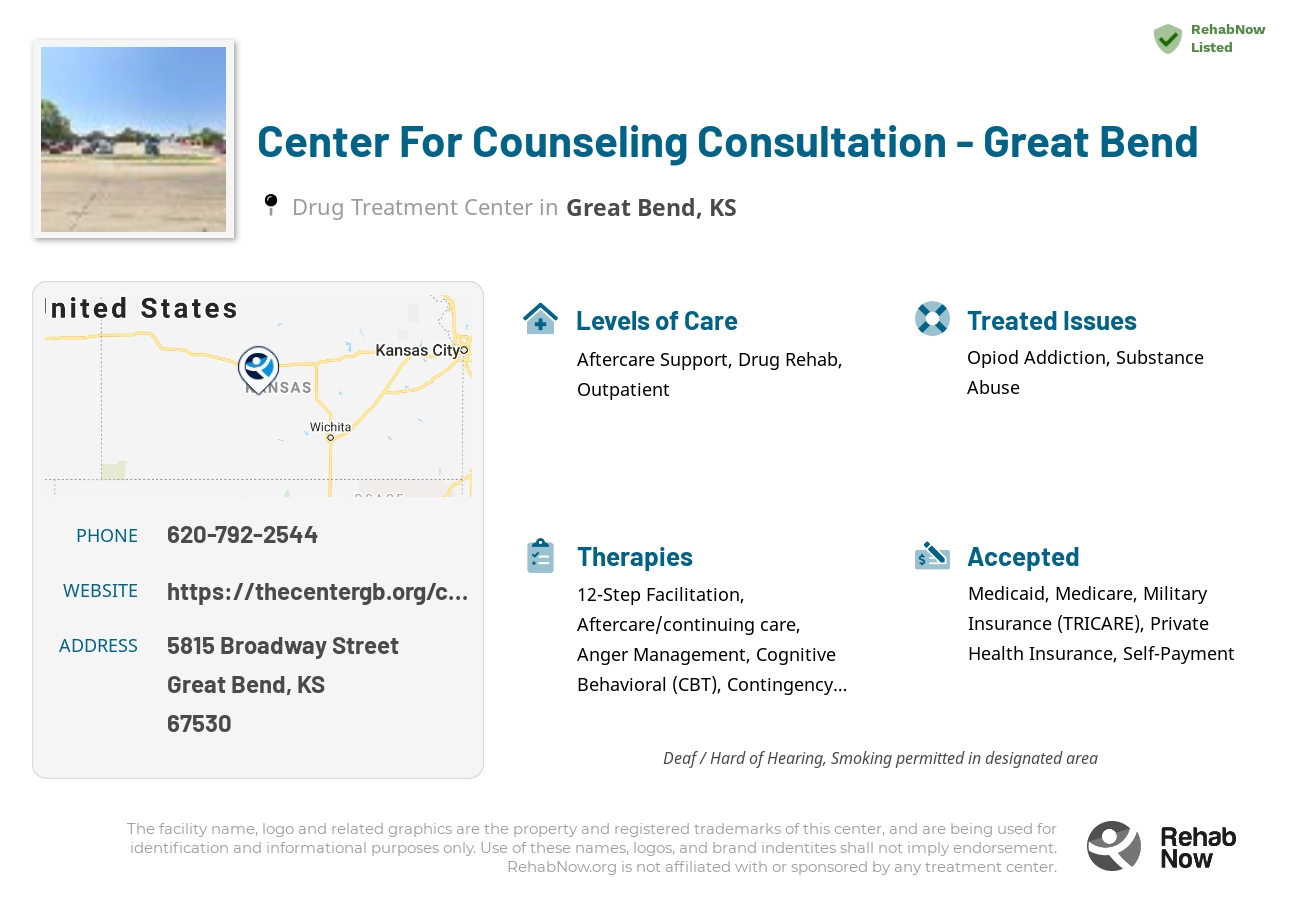 Helpful reference information for Center For Counseling Consultation - Great Bend, a drug treatment center in Kansas located at: 5815 Broadway Street, Great Bend, KS 67530, including phone numbers, official website, and more. Listed briefly is an overview of Levels of Care, Therapies Offered, Issues Treated, and accepted forms of Payment Methods.