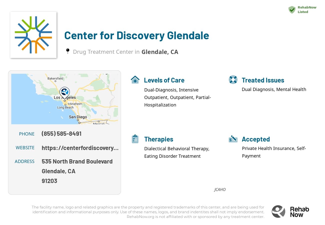 Helpful reference information for Center for Discovery Glendale, a drug treatment center in California located at: 535 North Brand Boulevard, Suite 350, Glendale, CA, 91203, including phone numbers, official website, and more. Listed briefly is an overview of Levels of Care, Therapies Offered, Issues Treated, and accepted forms of Payment Methods.