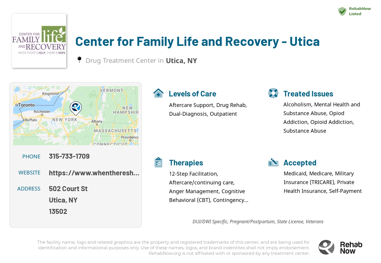 Helpful reference information for Center for Family Life and Recovery - Utica, a drug treatment center in New York located at: 502 Court St, Utica, NY 13502, including phone numbers, official website, and more. Listed briefly is an overview of Levels of Care, Therapies Offered, Issues Treated, and accepted forms of Payment Methods.