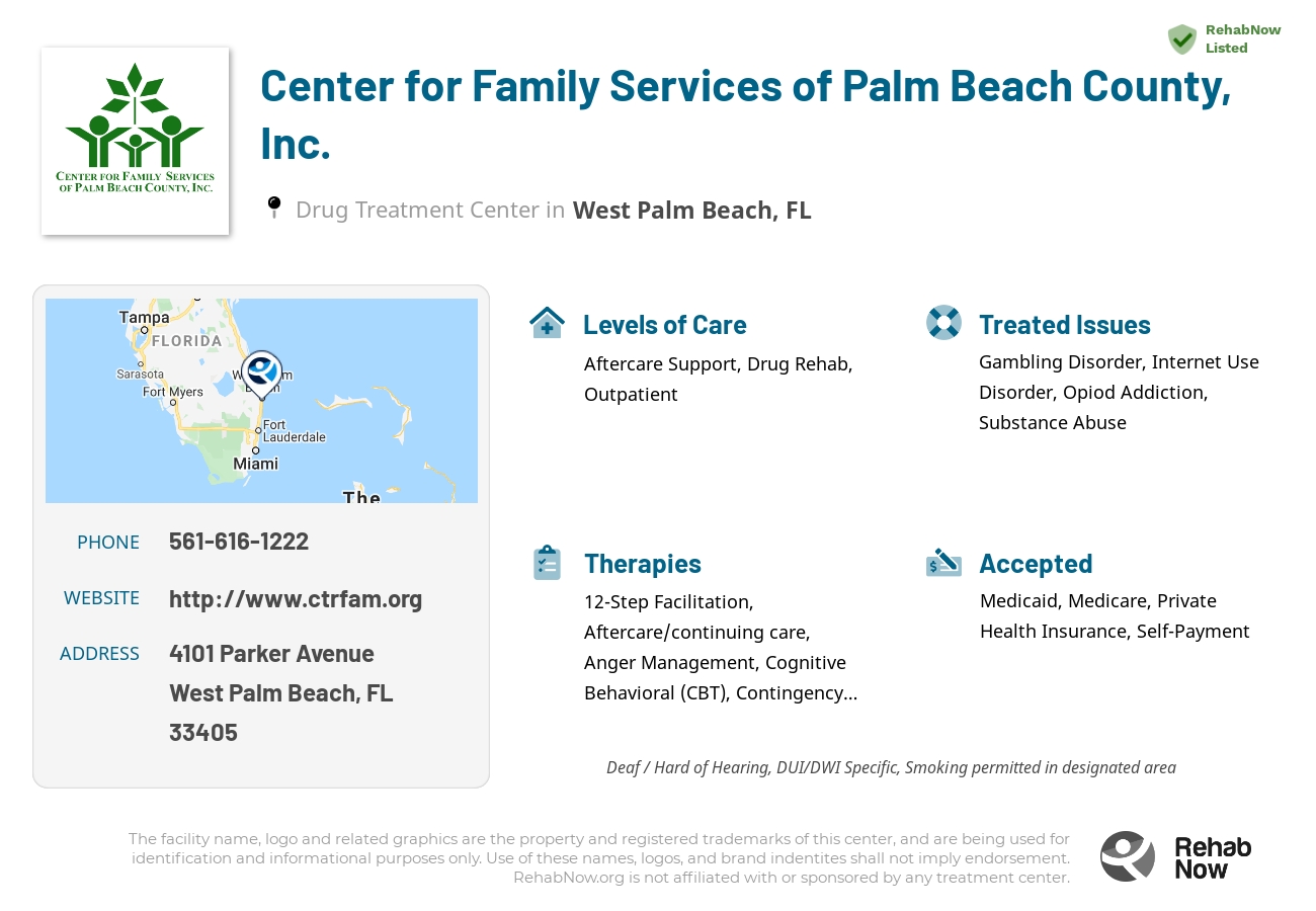 Helpful reference information for Center for Family Services of Palm Beach County, Inc., a drug treatment center in Florida located at: 4101 Parker Avenue, West Palm Beach, FL 33405, including phone numbers, official website, and more. Listed briefly is an overview of Levels of Care, Therapies Offered, Issues Treated, and accepted forms of Payment Methods.
