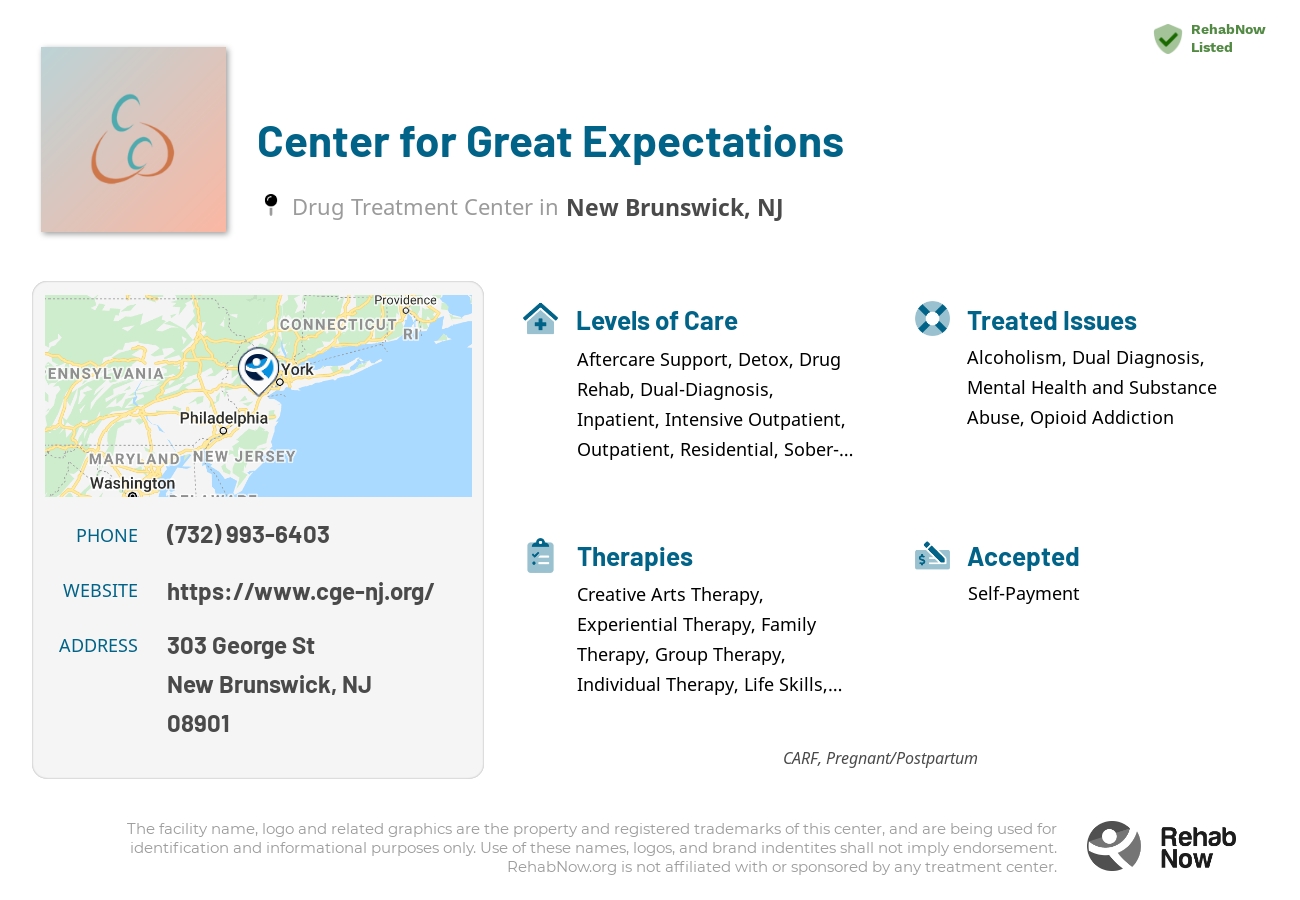 Helpful reference information for Center for Great Expectations, a drug treatment center in New Jersey located at: 303 George St, New Brunswick, NJ 08901, including phone numbers, official website, and more. Listed briefly is an overview of Levels of Care, Therapies Offered, Issues Treated, and accepted forms of Payment Methods.