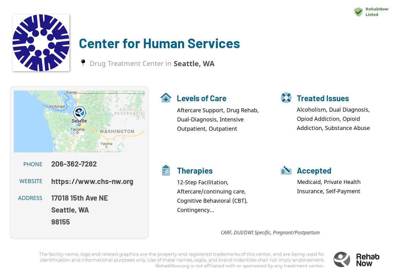Helpful reference information for Center for Human Services, a drug treatment center in Washington located at: 17018 15th Ave NE, Seattle, WA 98155, including phone numbers, official website, and more. Listed briefly is an overview of Levels of Care, Therapies Offered, Issues Treated, and accepted forms of Payment Methods.