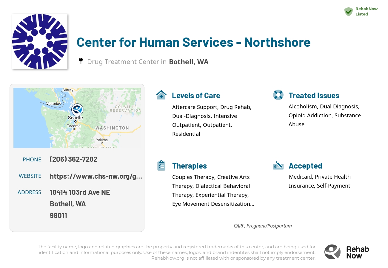 Helpful reference information for Center for Human Services - Northshore, a drug treatment center in Washington located at: 18414 103rd Ave NE, Bothell, WA 98011, including phone numbers, official website, and more. Listed briefly is an overview of Levels of Care, Therapies Offered, Issues Treated, and accepted forms of Payment Methods.
