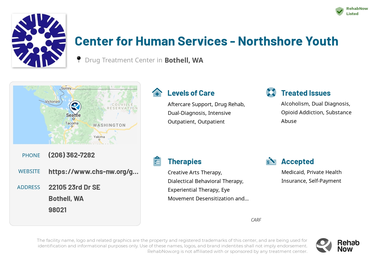 Helpful reference information for Center for Human Services - Northshore Youth, a drug treatment center in Washington located at: 22105 23rd Dr SE, Bothell, WA 98021, including phone numbers, official website, and more. Listed briefly is an overview of Levels of Care, Therapies Offered, Issues Treated, and accepted forms of Payment Methods.