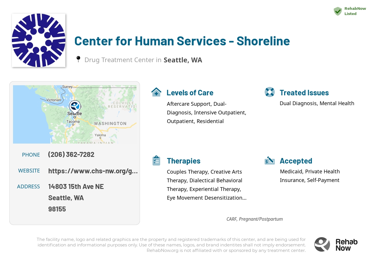 Helpful reference information for Center for Human Services - Shoreline, a drug treatment center in Washington located at: 14803 15th Ave NE, Seattle, WA 98155, including phone numbers, official website, and more. Listed briefly is an overview of Levels of Care, Therapies Offered, Issues Treated, and accepted forms of Payment Methods.