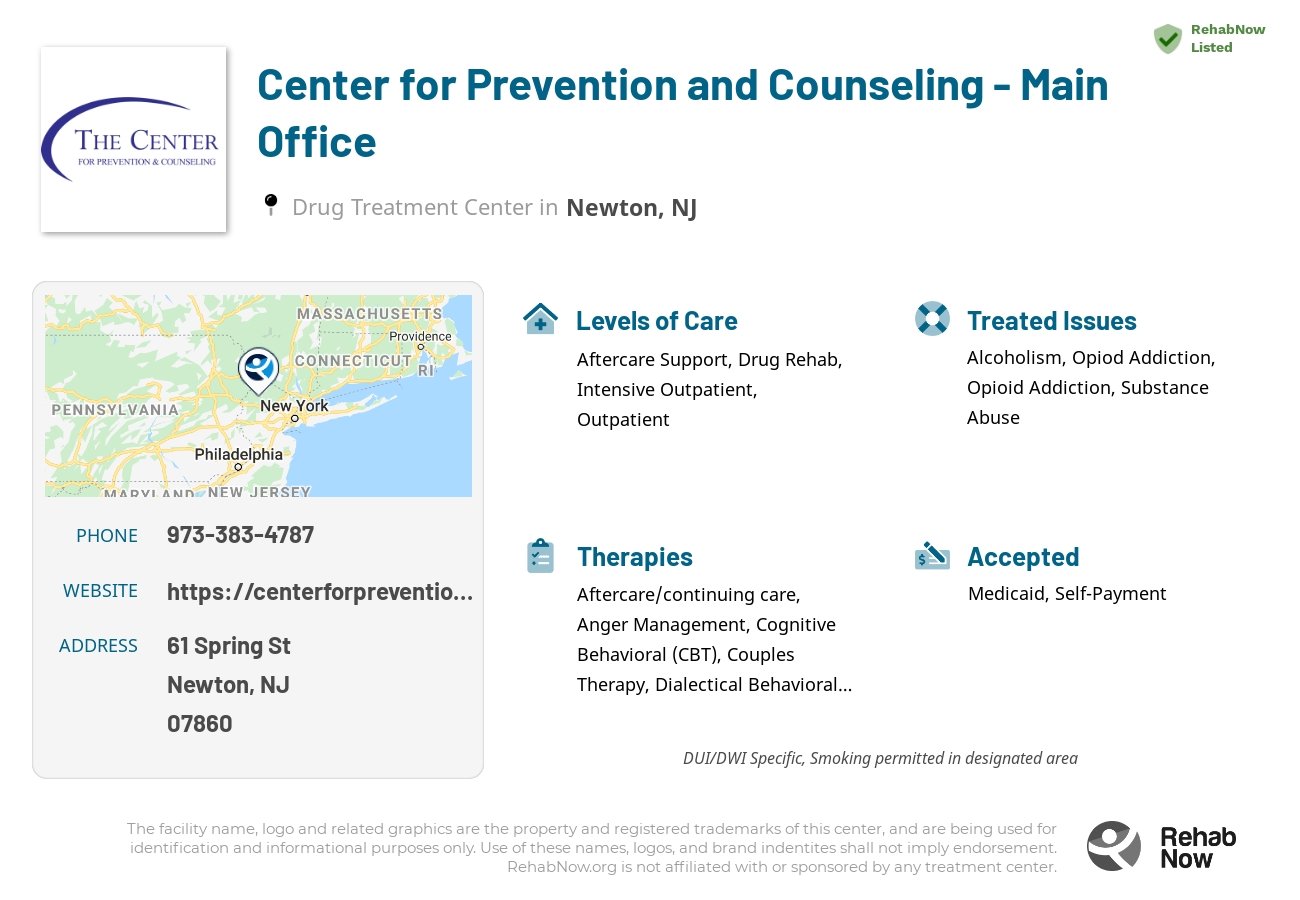 Helpful reference information for Center for Prevention and Counseling - Main Office, a drug treatment center in New Jersey located at: 61 Spring St, Newton, NJ 07860, including phone numbers, official website, and more. Listed briefly is an overview of Levels of Care, Therapies Offered, Issues Treated, and accepted forms of Payment Methods.