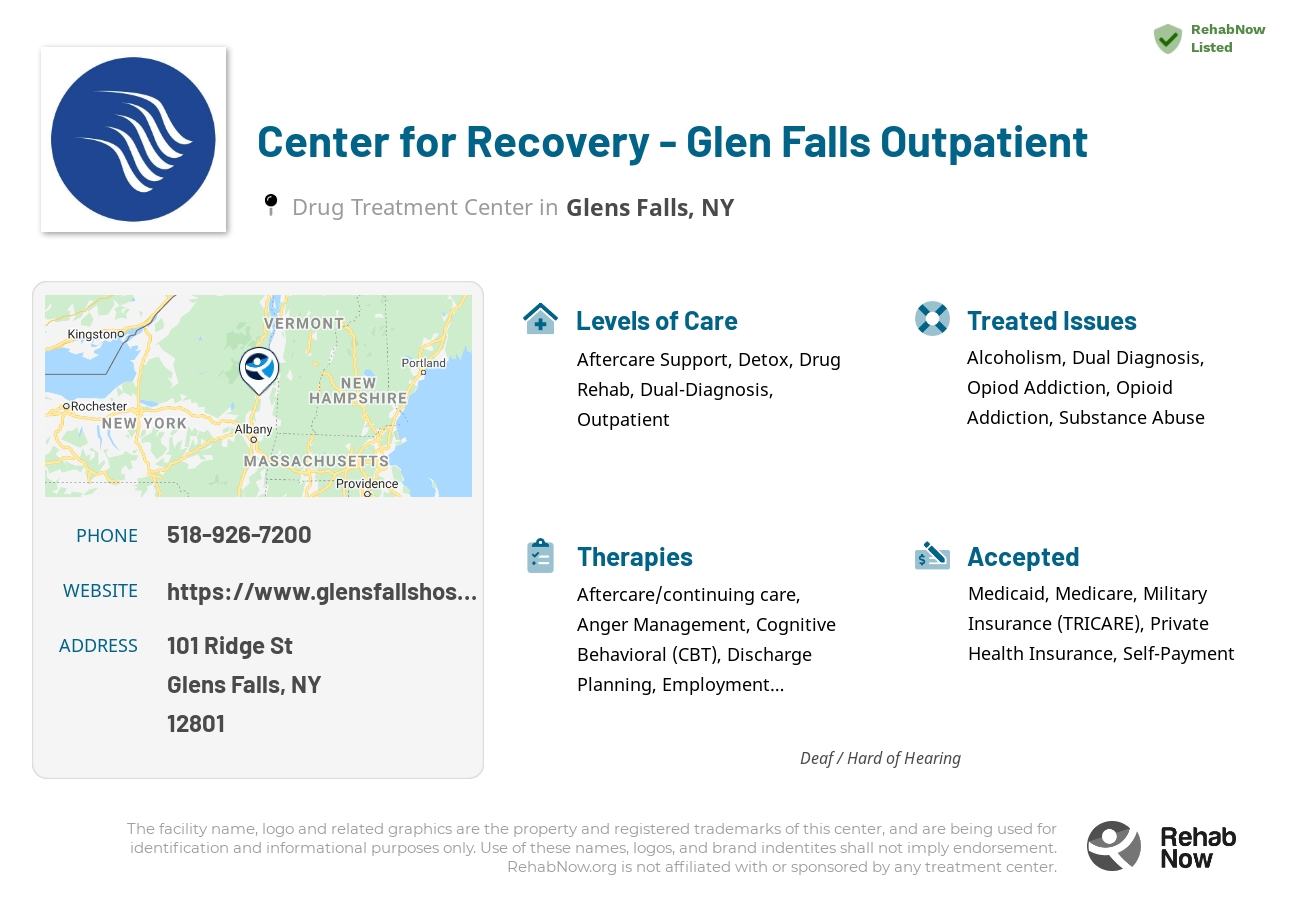 Helpful reference information for Center for Recovery - Glen Falls Outpatient, a drug treatment center in New York located at: 101 Ridge St, Glens Falls, NY 12801, including phone numbers, official website, and more. Listed briefly is an overview of Levels of Care, Therapies Offered, Issues Treated, and accepted forms of Payment Methods.