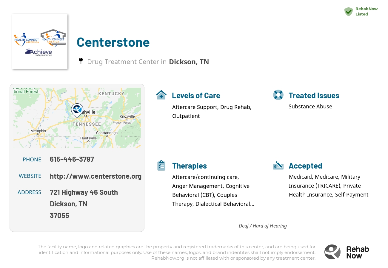 Helpful reference information for Centerstone, a drug treatment center in Tennessee located at: 721 Highway 46 South, Dickson, TN, 37055, including phone numbers, official website, and more. Listed briefly is an overview of Levels of Care, Therapies Offered, Issues Treated, and accepted forms of Payment Methods.