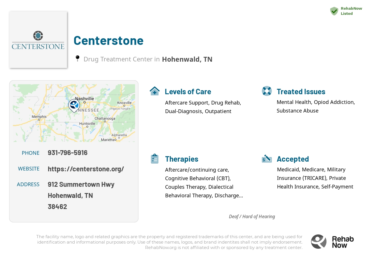 Helpful reference information for Centerstone, a drug treatment center in Tennessee located at: 912 Summertown Hwy, Hohenwald, TN 38462, including phone numbers, official website, and more. Listed briefly is an overview of Levels of Care, Therapies Offered, Issues Treated, and accepted forms of Payment Methods.