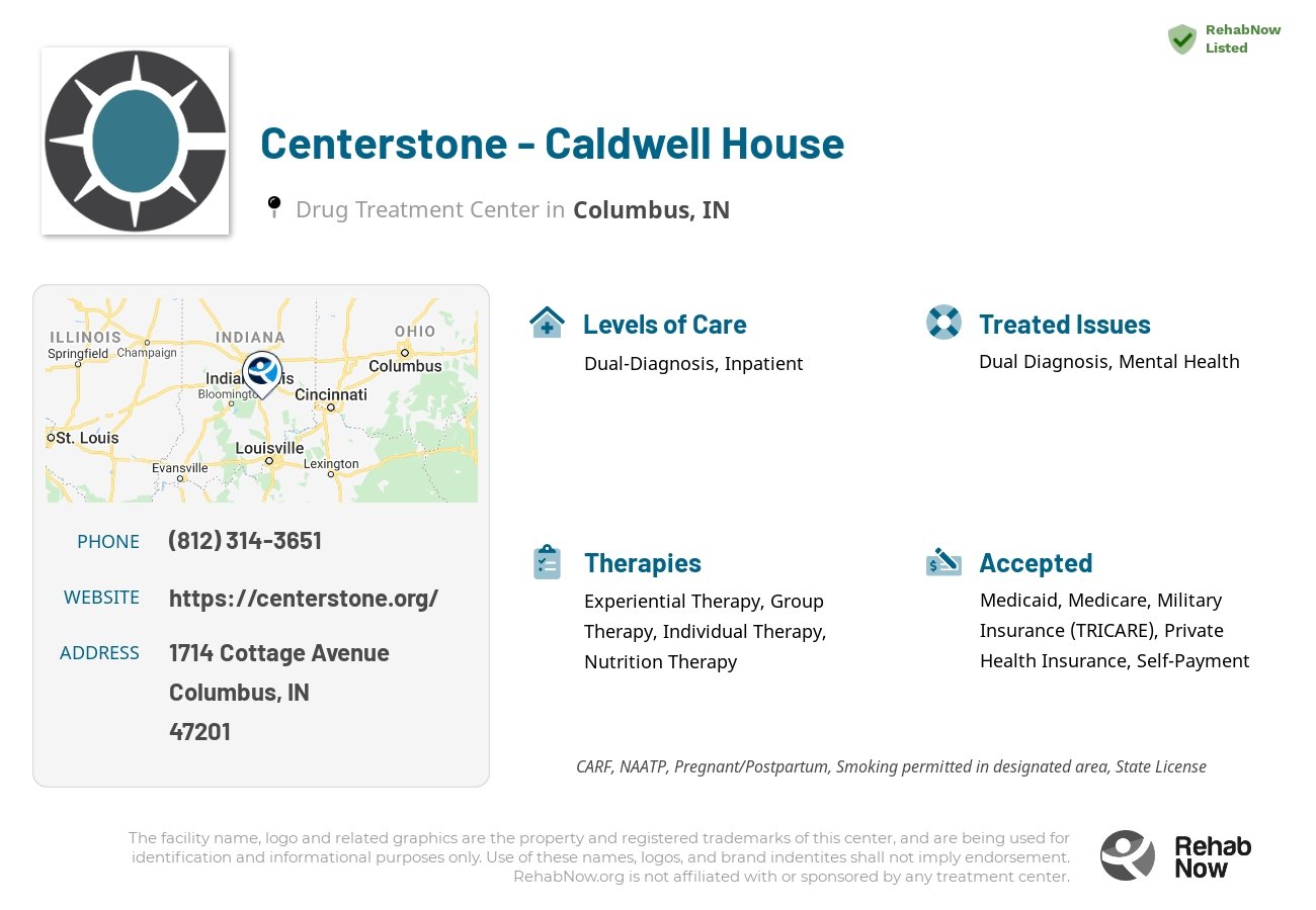 Helpful reference information for Centerstone - Caldwell House, a drug treatment center in Indiana located at: 1714 1714 Cottage Avenue, Columbus, IN 47201, including phone numbers, official website, and more. Listed briefly is an overview of Levels of Care, Therapies Offered, Issues Treated, and accepted forms of Payment Methods.