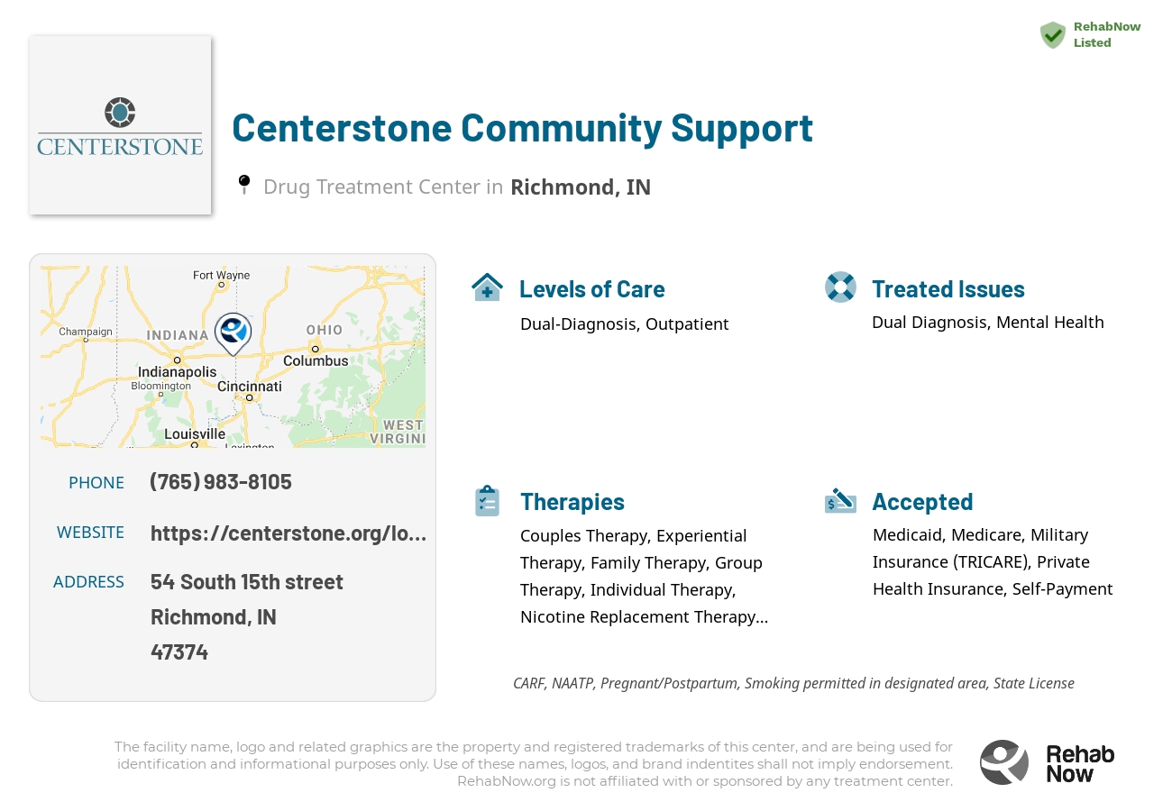 Helpful reference information for Centerstone Community Support, a drug treatment center in Indiana located at: 54 South 15th street, Richmond, IN, 47374, including phone numbers, official website, and more. Listed briefly is an overview of Levels of Care, Therapies Offered, Issues Treated, and accepted forms of Payment Methods.