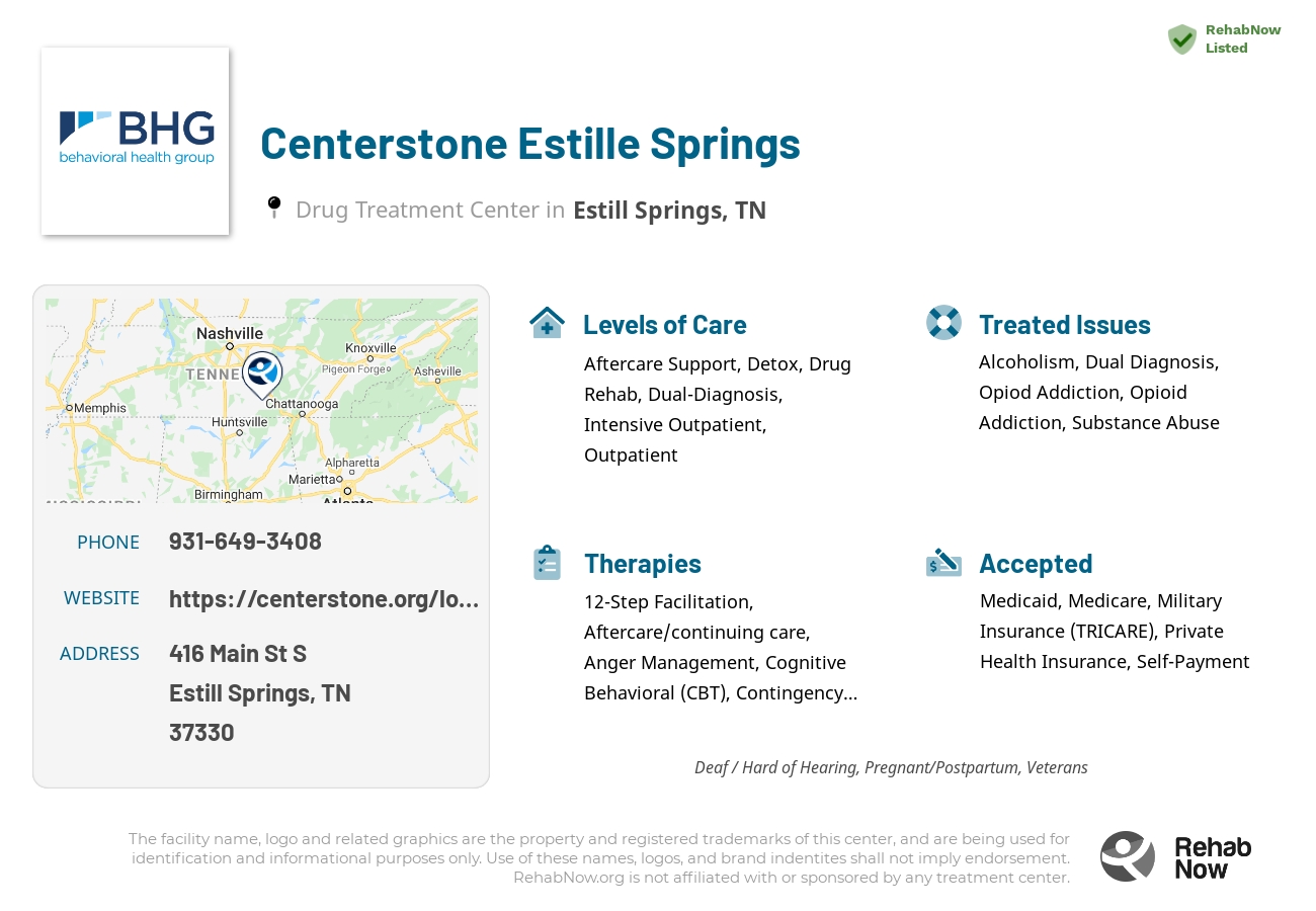 Helpful reference information for Centerstone Estille Springs, a drug treatment center in Tennessee located at: 416 Main St S, Estill Springs, TN 37330, including phone numbers, official website, and more. Listed briefly is an overview of Levels of Care, Therapies Offered, Issues Treated, and accepted forms of Payment Methods.