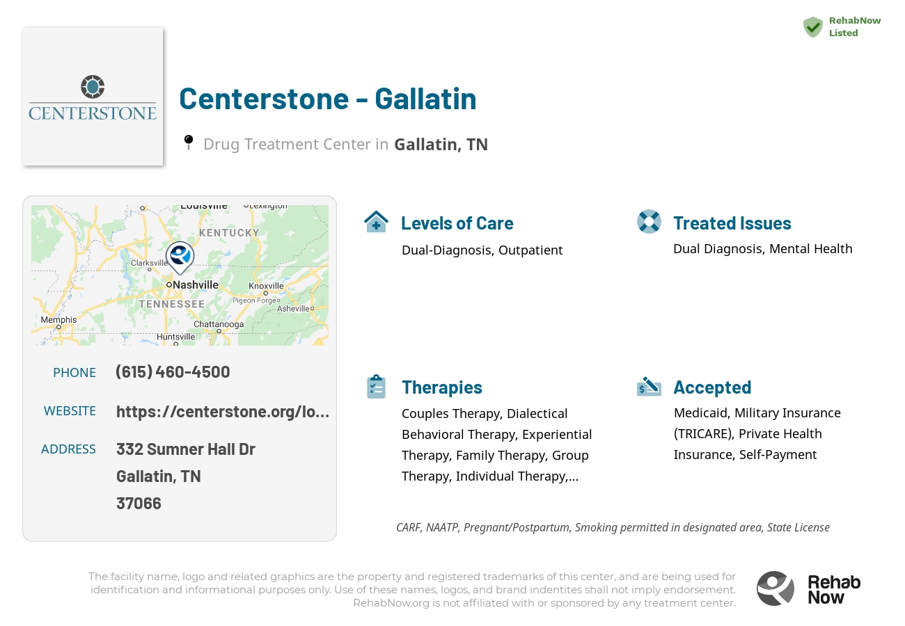 Helpful reference information for Centerstone - Gallatin, a drug treatment center in Tennessee located at: 332 Sumner Hall Dr, Gallatin, TN 37066, including phone numbers, official website, and more. Listed briefly is an overview of Levels of Care, Therapies Offered, Issues Treated, and accepted forms of Payment Methods.