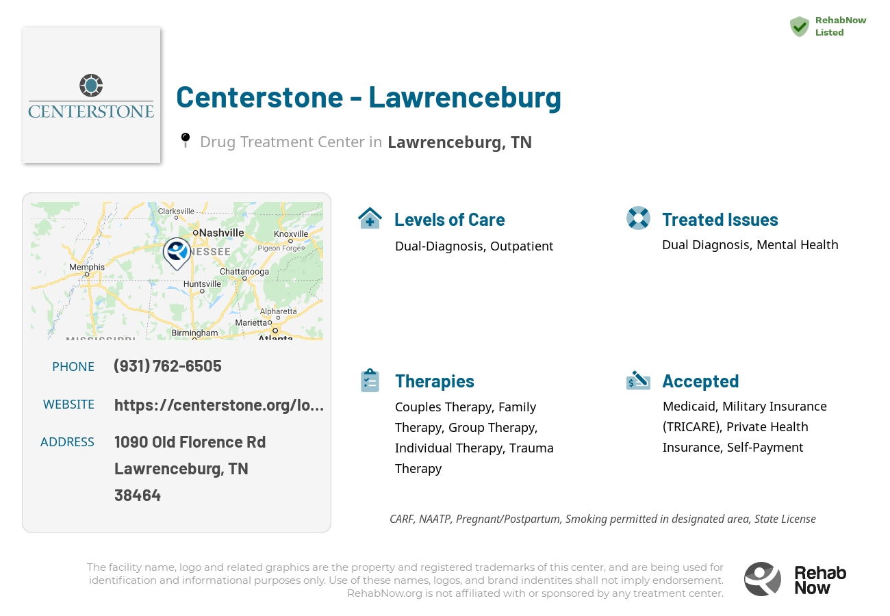 Helpful reference information for Centerstone - Lawrenceburg, a drug treatment center in Tennessee located at: 1090 Old Florence Rd, Lawrenceburg, TN 38464, including phone numbers, official website, and more. Listed briefly is an overview of Levels of Care, Therapies Offered, Issues Treated, and accepted forms of Payment Methods.