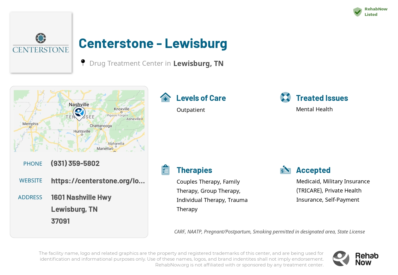 Helpful reference information for Centerstone - Lewisburg, a drug treatment center in Tennessee located at: 1601 Nashville Hwy, Lewisburg, TN 37091, including phone numbers, official website, and more. Listed briefly is an overview of Levels of Care, Therapies Offered, Issues Treated, and accepted forms of Payment Methods.