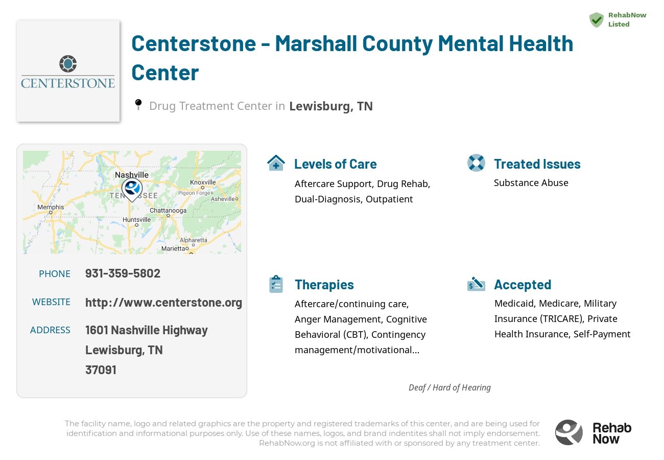 Helpful reference information for Centerstone - Marshall County Mental Health Center, a drug treatment center in Tennessee located at: 1601 Nashville Highway, Lewisburg, TN 37091, including phone numbers, official website, and more. Listed briefly is an overview of Levels of Care, Therapies Offered, Issues Treated, and accepted forms of Payment Methods.