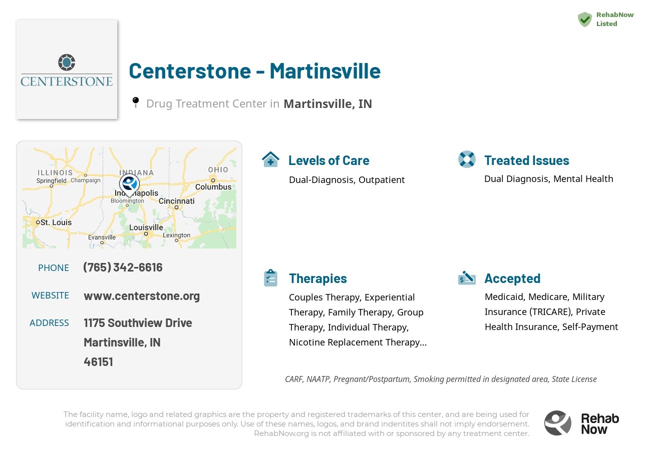 Helpful reference information for Centerstone - Martinsville, a drug treatment center in Indiana located at: 1175 Southview Drive, Martinsville, IN, 46151, including phone numbers, official website, and more. Listed briefly is an overview of Levels of Care, Therapies Offered, Issues Treated, and accepted forms of Payment Methods.