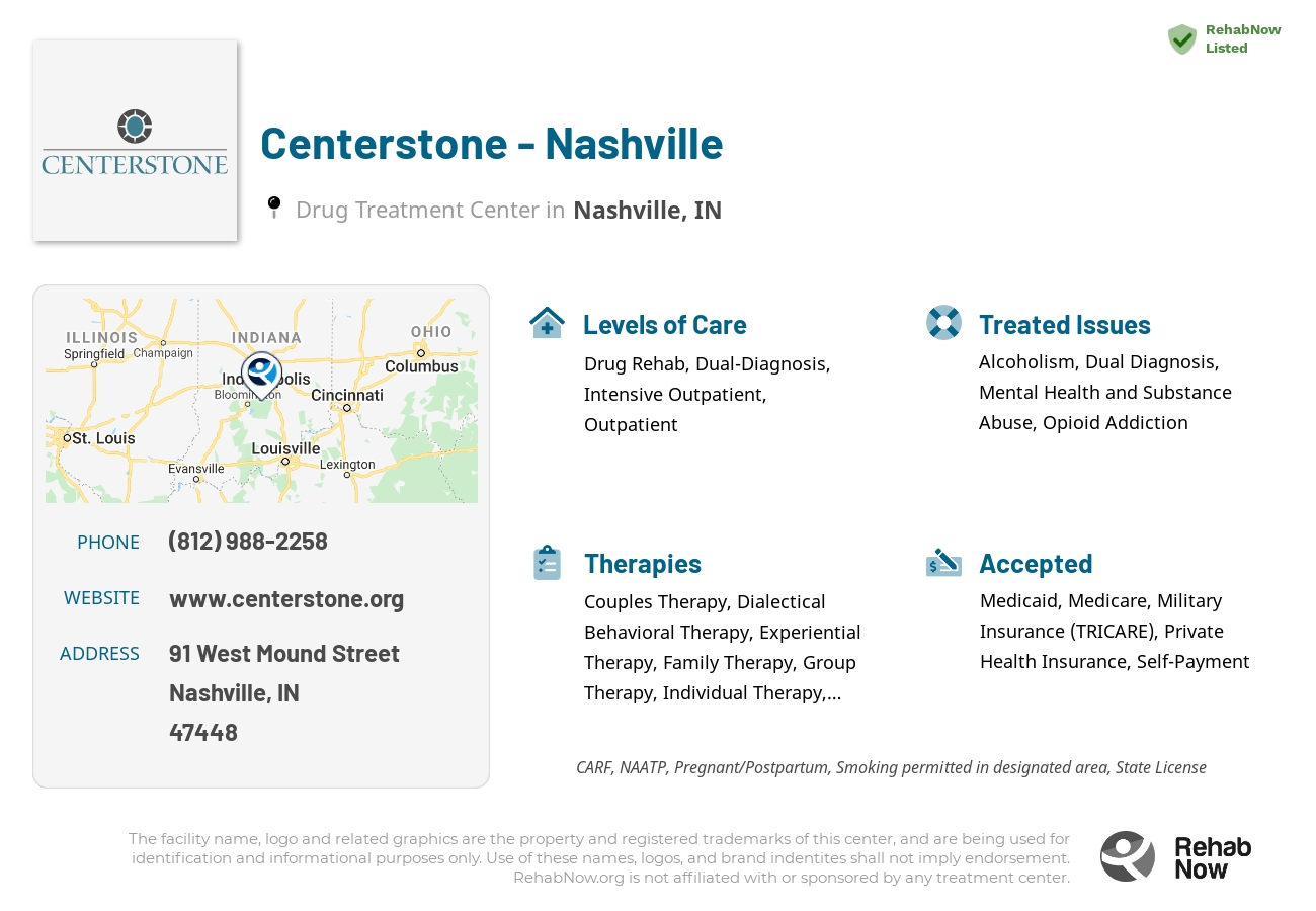 Helpful reference information for Centerstone - Nashville, a drug treatment center in Indiana located at: 91 West Mound Street, Nashville, IN, 47448, including phone numbers, official website, and more. Listed briefly is an overview of Levels of Care, Therapies Offered, Issues Treated, and accepted forms of Payment Methods.