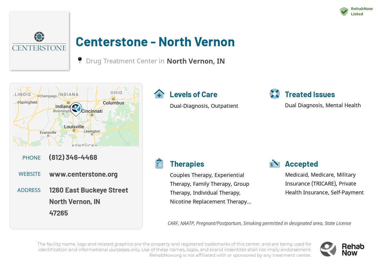 Helpful reference information for Centerstone - North Vernon, a drug treatment center in Indiana located at: 1260 East Buckeye Street, North Vernon, IN, 47265, including phone numbers, official website, and more. Listed briefly is an overview of Levels of Care, Therapies Offered, Issues Treated, and accepted forms of Payment Methods.