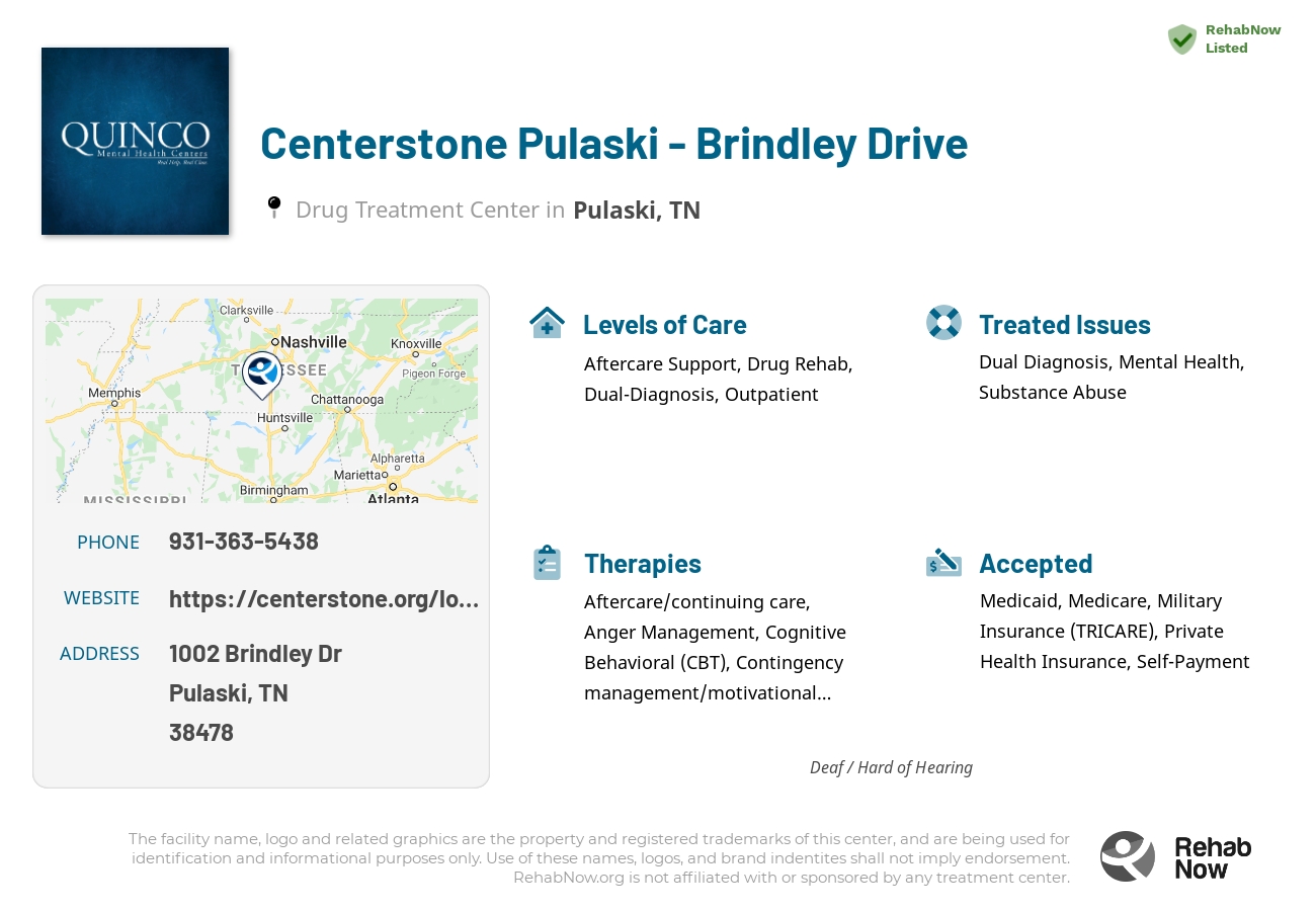 Helpful reference information for Centerstone Pulaski - Brindley Drive, a drug treatment center in Tennessee located at: 1002 Brindley Dr, Pulaski, TN 38478, including phone numbers, official website, and more. Listed briefly is an overview of Levels of Care, Therapies Offered, Issues Treated, and accepted forms of Payment Methods.