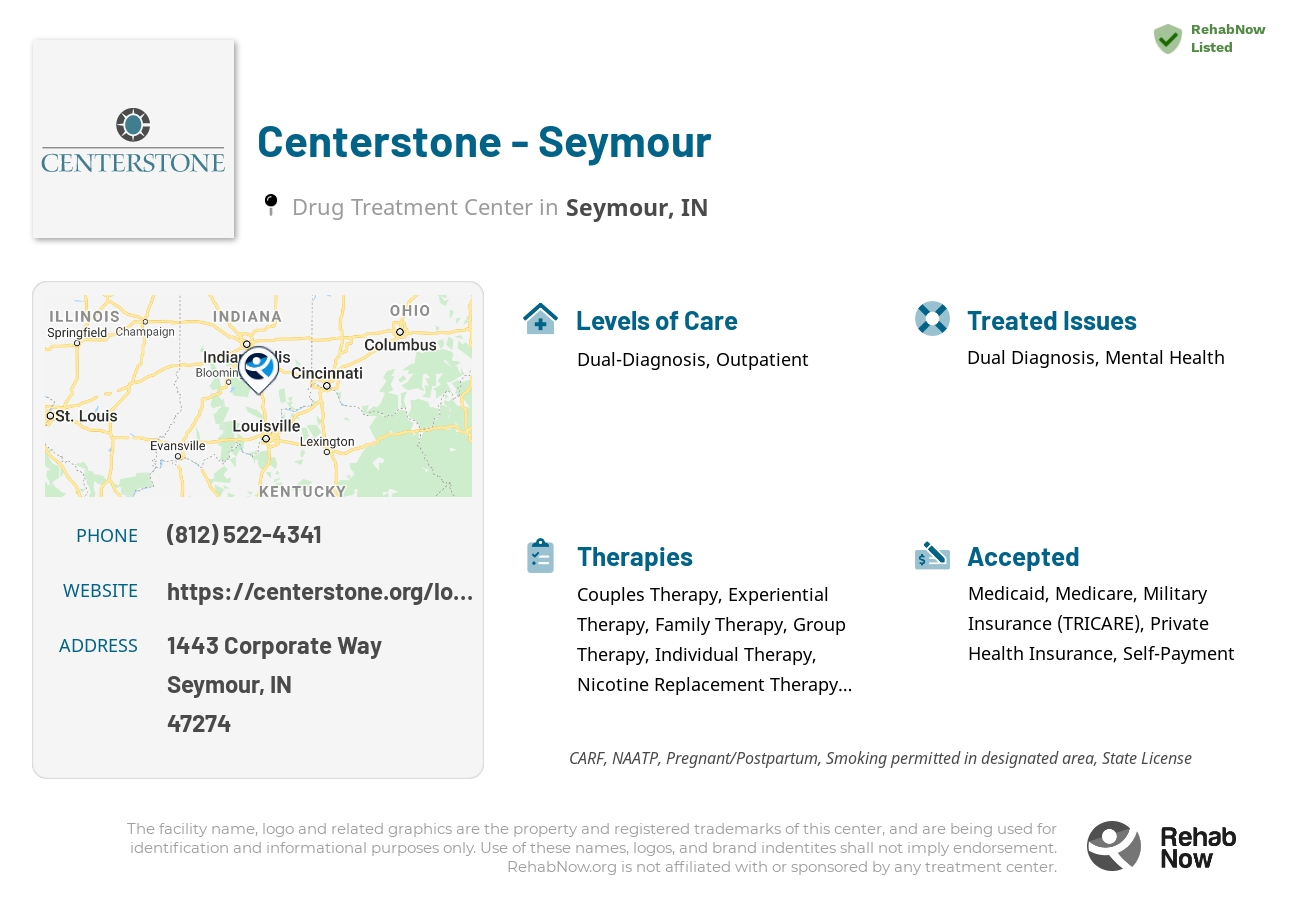 Helpful reference information for Centerstone - Seymour, a drug treatment center in Indiana located at: 1443 Corporate Way, Seymour, IN, 47274, including phone numbers, official website, and more. Listed briefly is an overview of Levels of Care, Therapies Offered, Issues Treated, and accepted forms of Payment Methods.
