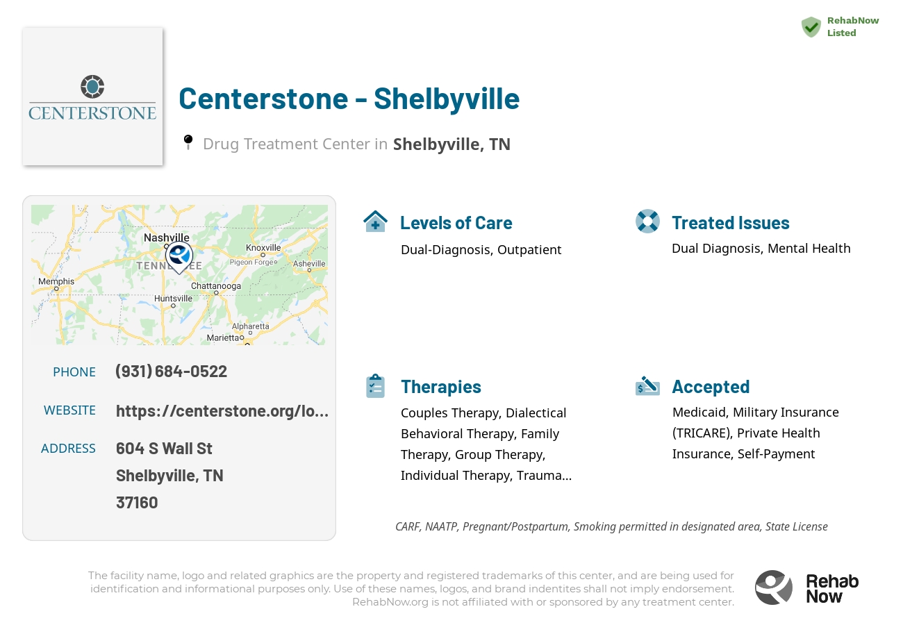 Helpful reference information for Centerstone - Shelbyville, a drug treatment center in Tennessee located at: 604 S Wall St, Shelbyville, TN 37160, including phone numbers, official website, and more. Listed briefly is an overview of Levels of Care, Therapies Offered, Issues Treated, and accepted forms of Payment Methods.