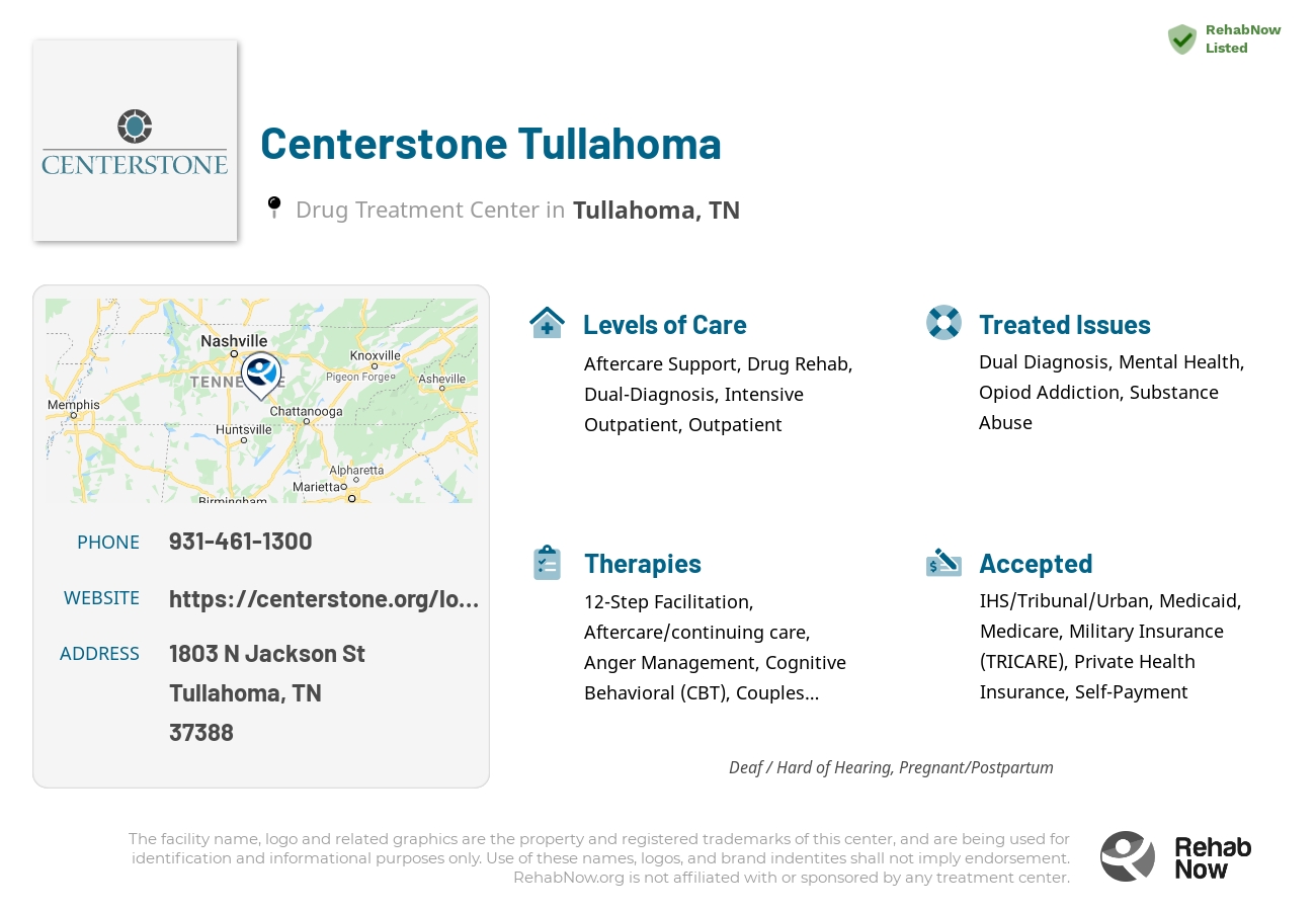 Helpful reference information for Centerstone Tullahoma, a drug treatment center in Tennessee located at: 1803 N Jackson St, Tullahoma, TN 37388, including phone numbers, official website, and more. Listed briefly is an overview of Levels of Care, Therapies Offered, Issues Treated, and accepted forms of Payment Methods.