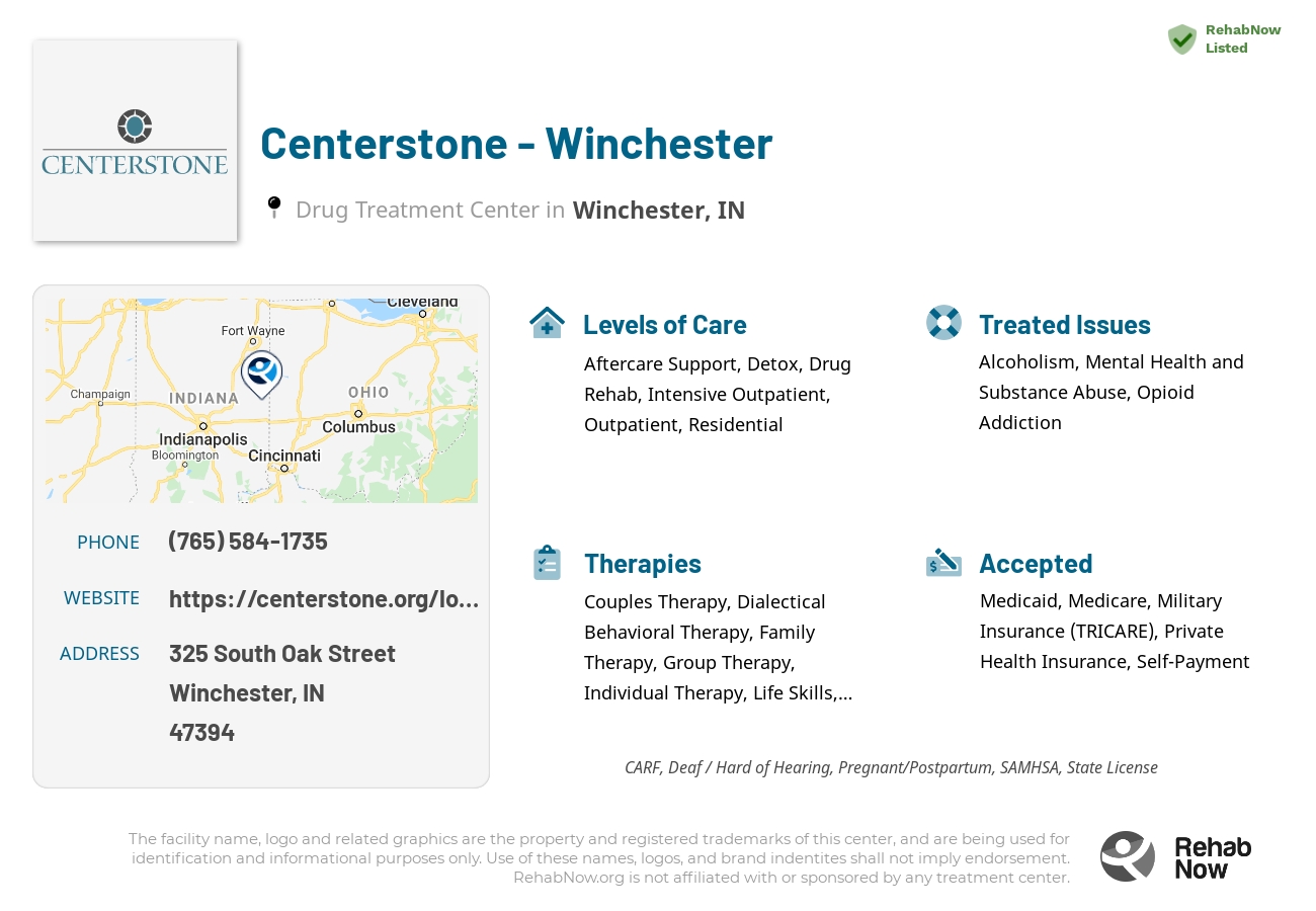 Helpful reference information for Centerstone - Winchester, a drug treatment center in Indiana located at: 325 South Oak Street, Winchester, IN, 47394, including phone numbers, official website, and more. Listed briefly is an overview of Levels of Care, Therapies Offered, Issues Treated, and accepted forms of Payment Methods.