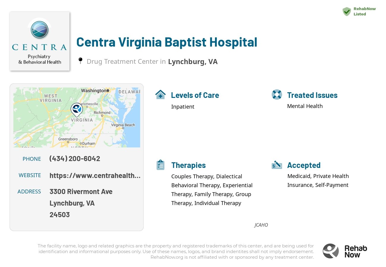 Helpful reference information for Centra Virginia Baptist Hospital, a drug treatment center in Virginia located at: 3300 Rivermont Ave, Lynchburg, VA 24503, including phone numbers, official website, and more. Listed briefly is an overview of Levels of Care, Therapies Offered, Issues Treated, and accepted forms of Payment Methods.