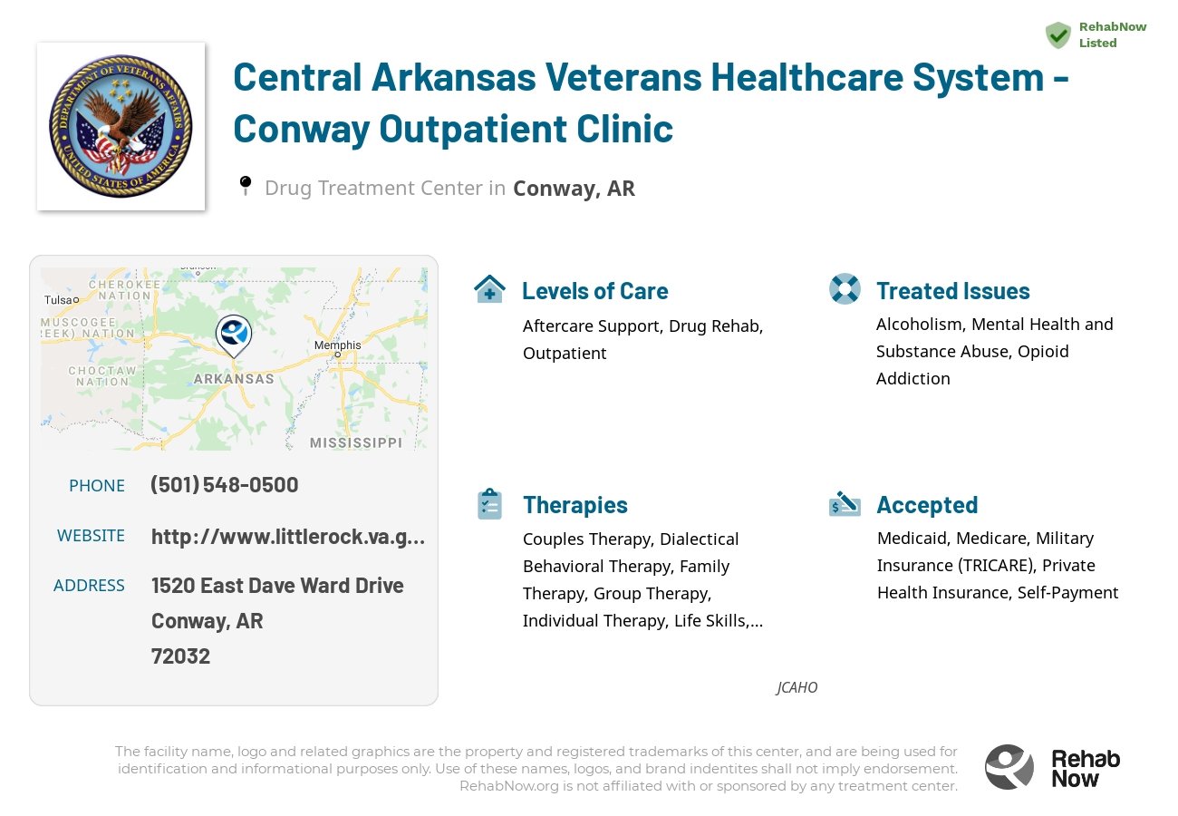 Helpful reference information for Central Arkansas Veterans Healthcare System - Conway Outpatient Clinic, a drug treatment center in Arkansas located at: 1520 East Dave Ward Drive, Conway, AR, 72032, including phone numbers, official website, and more. Listed briefly is an overview of Levels of Care, Therapies Offered, Issues Treated, and accepted forms of Payment Methods.