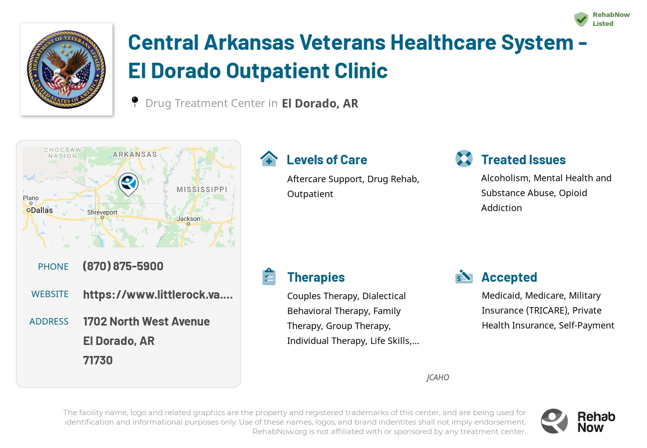 Helpful reference information for Central Arkansas Veterans Healthcare System - El Dorado Outpatient Clinic, a drug treatment center in Arkansas located at: 1702 North West Avenue, El Dorado, AR, 71730, including phone numbers, official website, and more. Listed briefly is an overview of Levels of Care, Therapies Offered, Issues Treated, and accepted forms of Payment Methods.