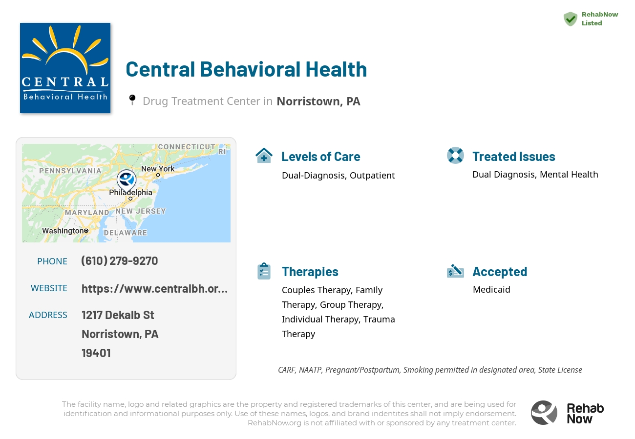 Helpful reference information for Central Behavioral Health, a drug treatment center in Pennsylvania located at: 1217 Dekalb St, Norristown, PA 19401, including phone numbers, official website, and more. Listed briefly is an overview of Levels of Care, Therapies Offered, Issues Treated, and accepted forms of Payment Methods.