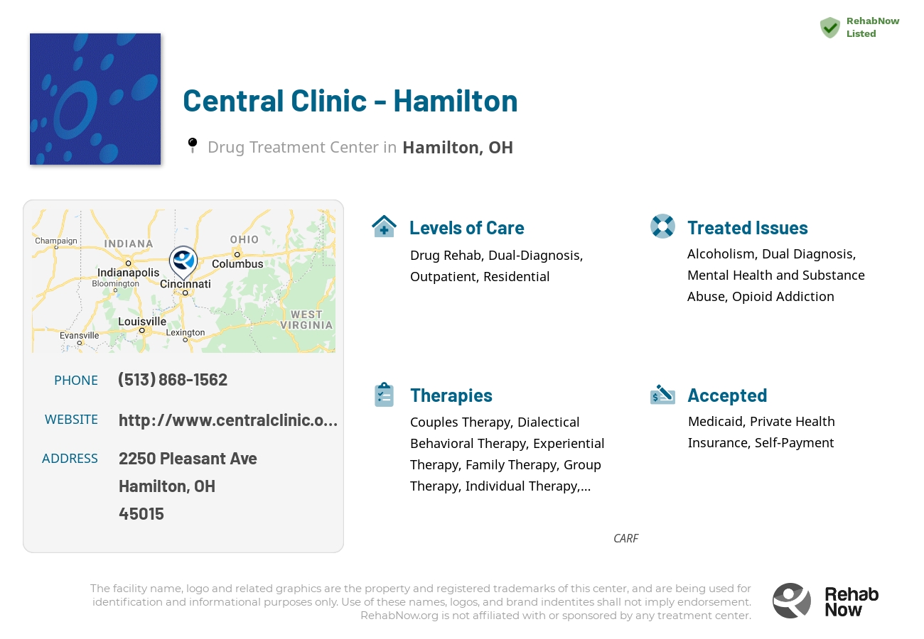 Helpful reference information for Central Clinic - Hamilton, a drug treatment center in Ohio located at: 2250 Pleasant Ave, Hamilton, OH 45015, including phone numbers, official website, and more. Listed briefly is an overview of Levels of Care, Therapies Offered, Issues Treated, and accepted forms of Payment Methods.