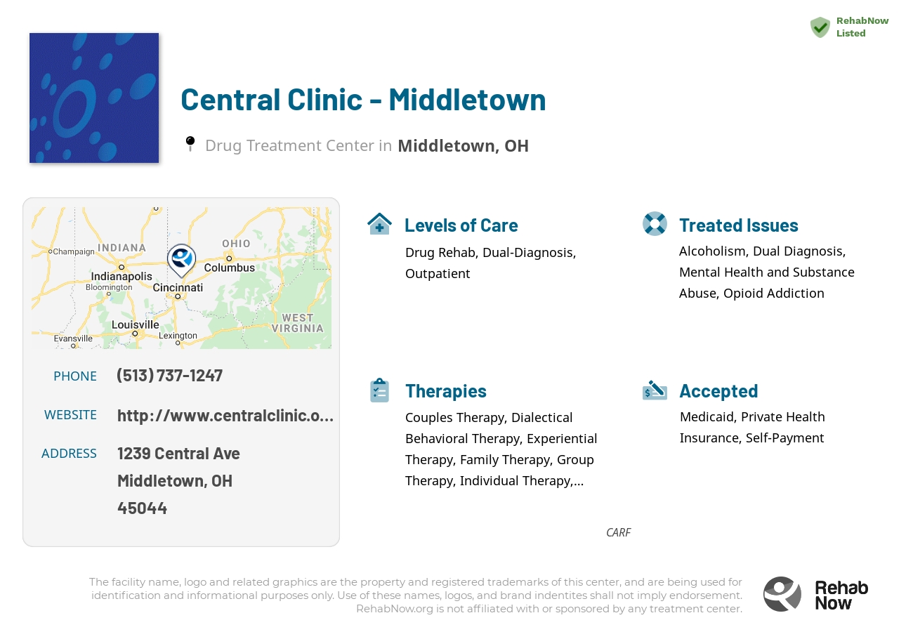 Helpful reference information for Central Clinic - Middletown, a drug treatment center in Ohio located at: 1239 Central Ave, Middletown, OH 45044, including phone numbers, official website, and more. Listed briefly is an overview of Levels of Care, Therapies Offered, Issues Treated, and accepted forms of Payment Methods.