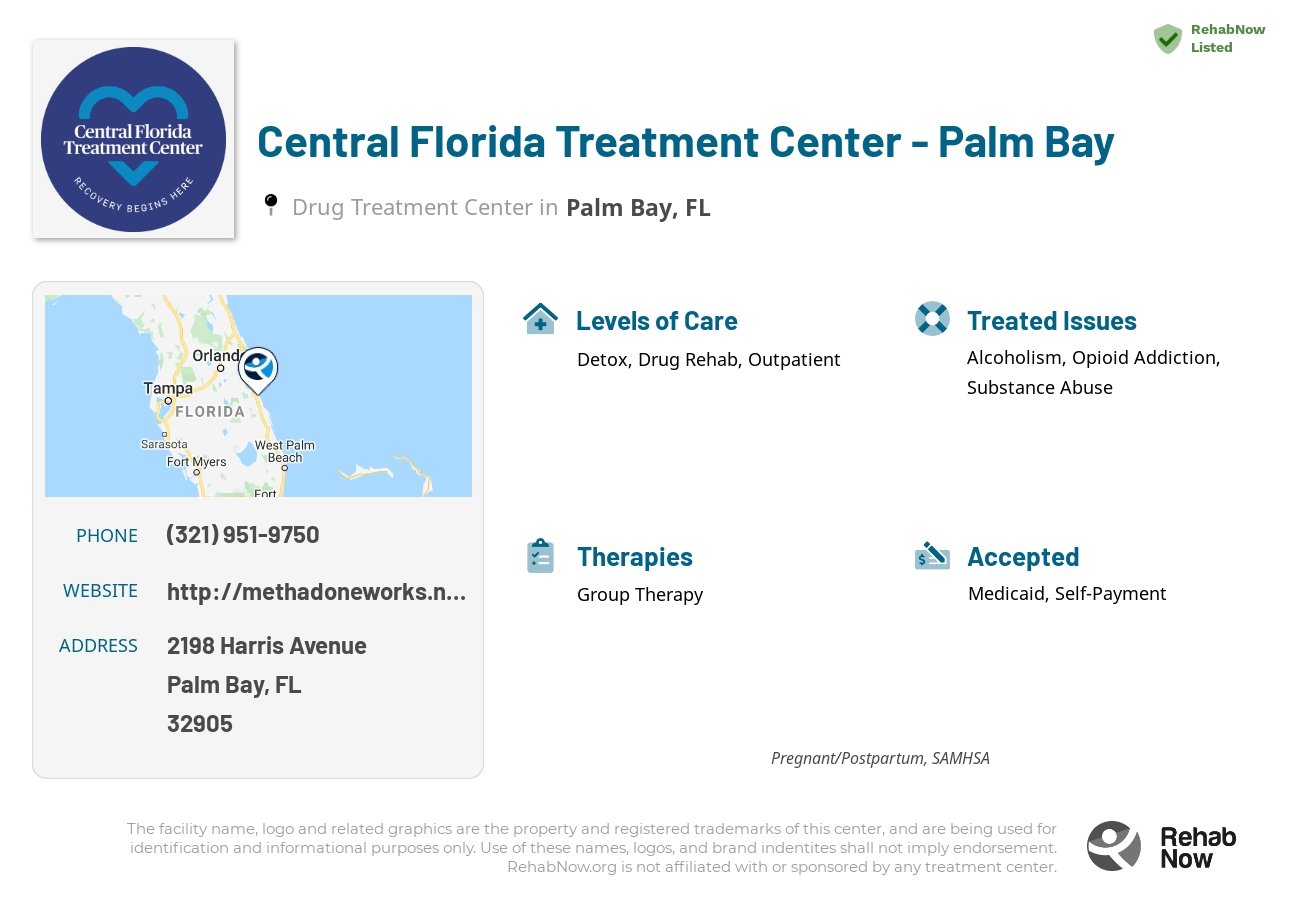 Helpful reference information for Central Florida Treatment Center - Palm Bay, a drug treatment center in Florida located at: 2198 Harris Avenue, Palm Bay, FL, 32905, including phone numbers, official website, and more. Listed briefly is an overview of Levels of Care, Therapies Offered, Issues Treated, and accepted forms of Payment Methods.
