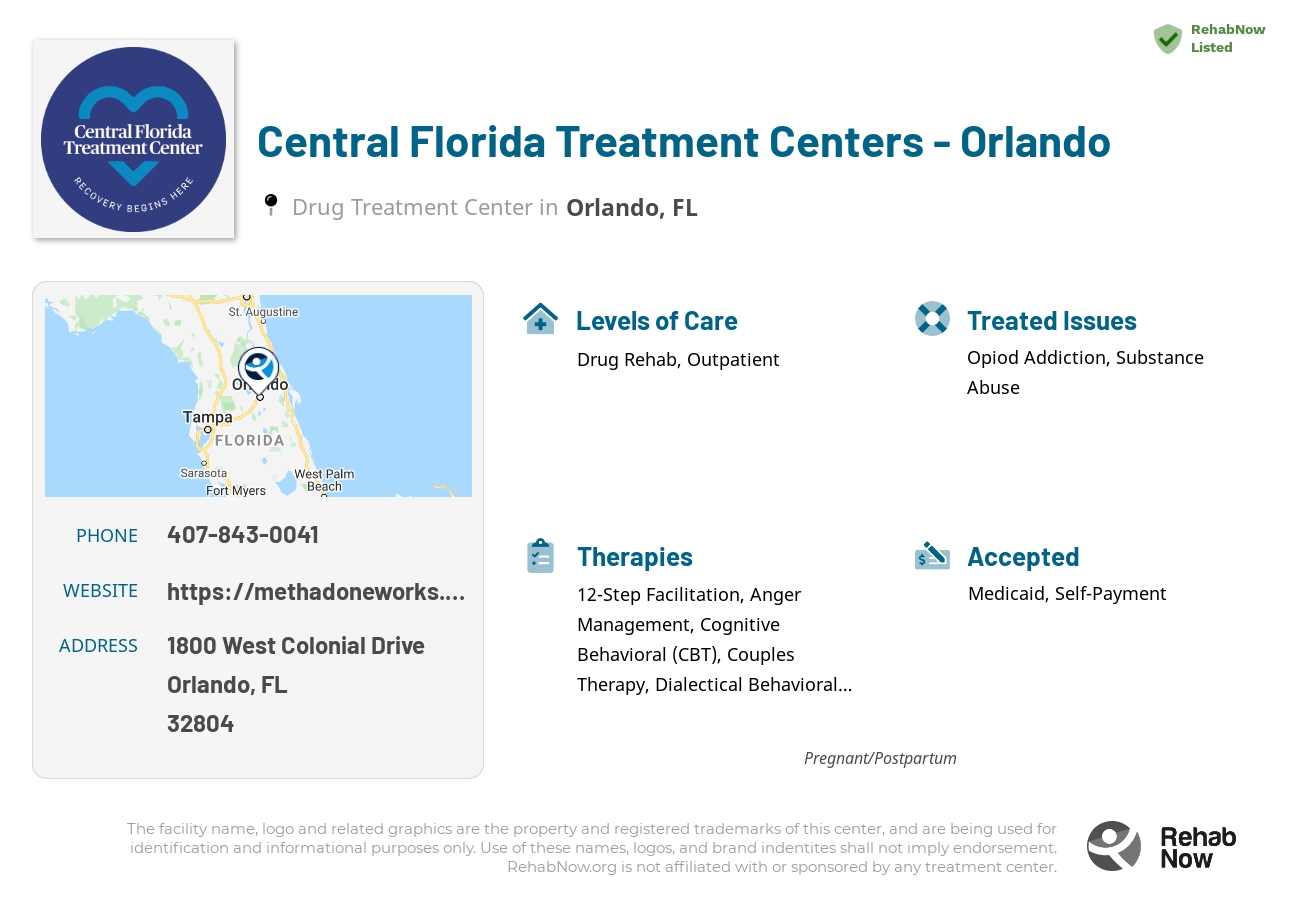 Helpful reference information for Central Florida Treatment Centers - Orlando, a drug treatment center in Florida located at: 1800 West Colonial Drive, Orlando, FL 32804, including phone numbers, official website, and more. Listed briefly is an overview of Levels of Care, Therapies Offered, Issues Treated, and accepted forms of Payment Methods.