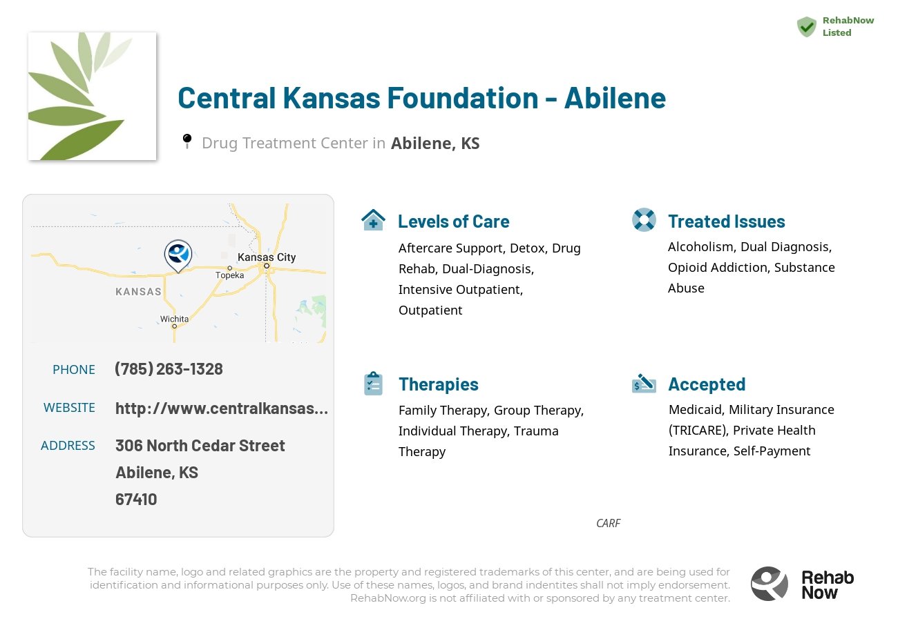 Helpful reference information for Central Kansas Foundation - Abilene, a drug treatment center in Kansas located at: 306 North Cedar Street, Abilene, KS 67410, including phone numbers, official website, and more. Listed briefly is an overview of Levels of Care, Therapies Offered, Issues Treated, and accepted forms of Payment Methods.