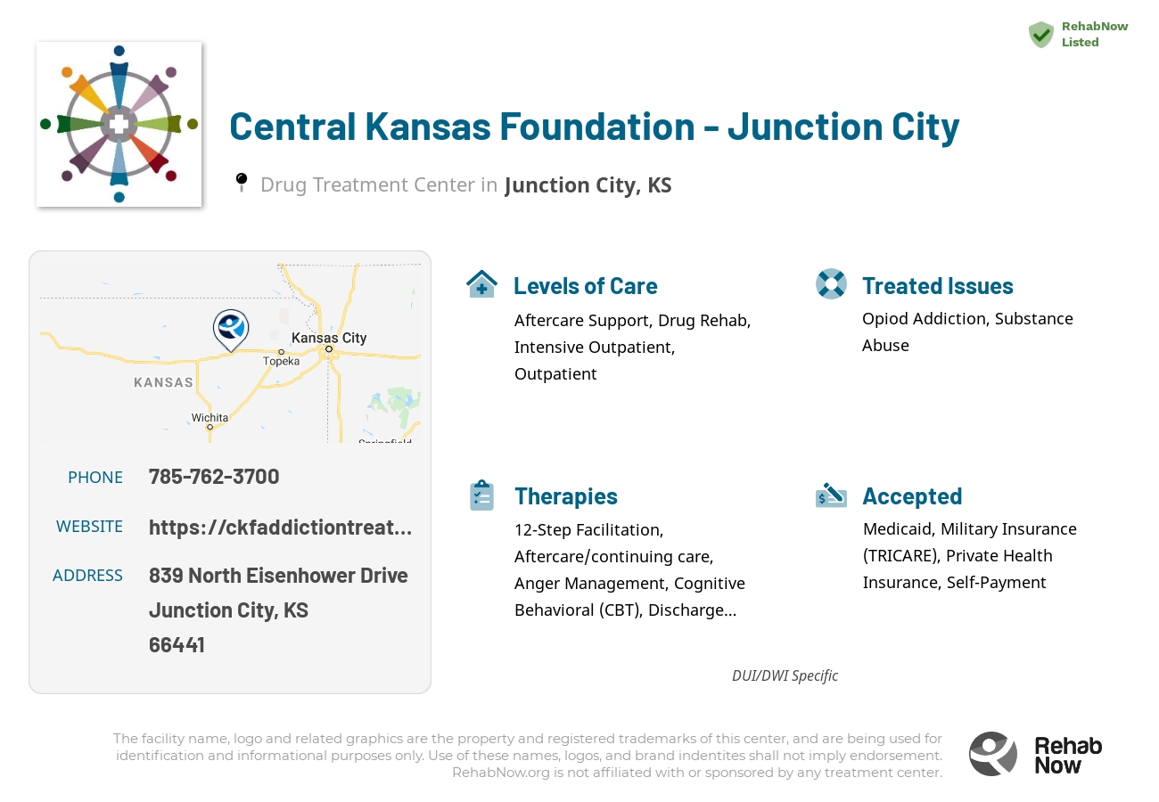 Helpful reference information for Central Kansas Foundation - Junction City, a drug treatment center in Kansas located at: 839 North Eisenhower Drive, Junction City, KS 66441, including phone numbers, official website, and more. Listed briefly is an overview of Levels of Care, Therapies Offered, Issues Treated, and accepted forms of Payment Methods.