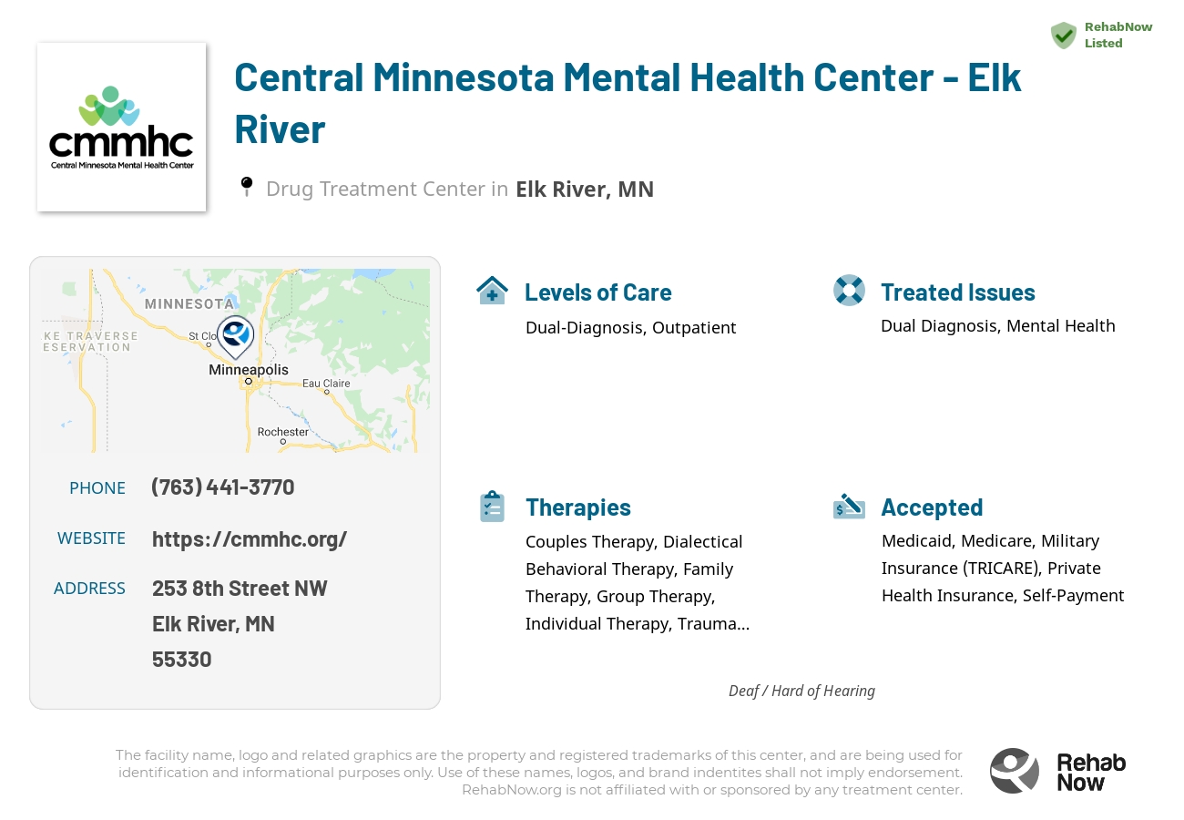 Helpful reference information for Central Minnesota Mental Health Center - Elk River, a drug treatment center in Minnesota located at: 253 253 8th Street NW, Elk River, MN 55330, including phone numbers, official website, and more. Listed briefly is an overview of Levels of Care, Therapies Offered, Issues Treated, and accepted forms of Payment Methods.