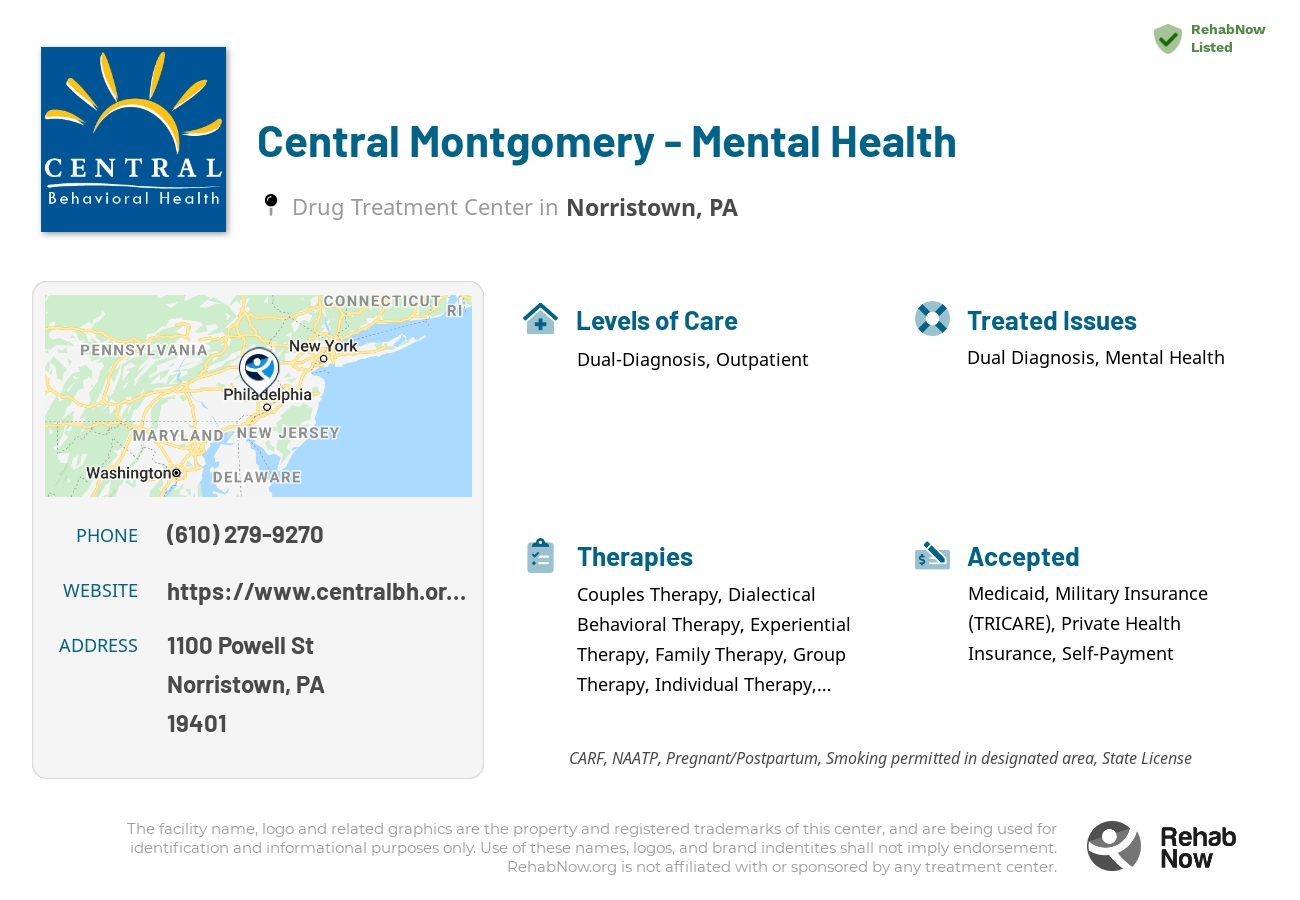 Helpful reference information for Central Montgomery - Mental Health, a drug treatment center in Pennsylvania located at: 1100 Powell St, Norristown, PA 19401, including phone numbers, official website, and more. Listed briefly is an overview of Levels of Care, Therapies Offered, Issues Treated, and accepted forms of Payment Methods.