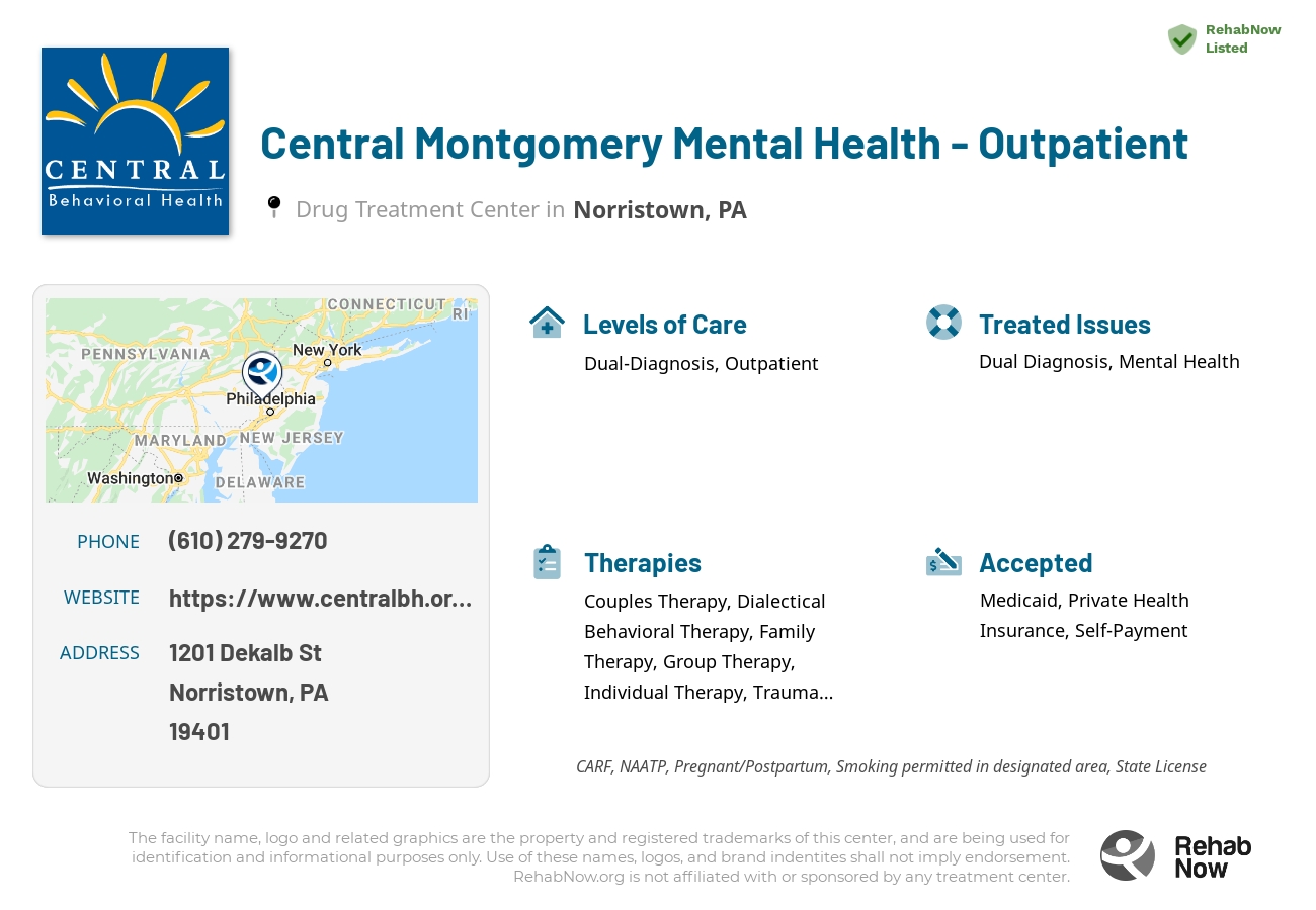 Helpful reference information for Central Montgomery Mental Health - Outpatient, a drug treatment center in Pennsylvania located at: 1201 Dekalb St, Norristown, PA 19401, including phone numbers, official website, and more. Listed briefly is an overview of Levels of Care, Therapies Offered, Issues Treated, and accepted forms of Payment Methods.
