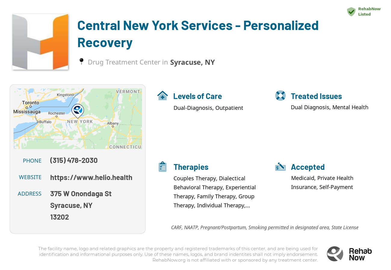 Helpful reference information for Central New York Services - Personalized Recovery, a drug treatment center in New York located at: 375 W Onondaga St, Syracuse, NY 13202, including phone numbers, official website, and more. Listed briefly is an overview of Levels of Care, Therapies Offered, Issues Treated, and accepted forms of Payment Methods.