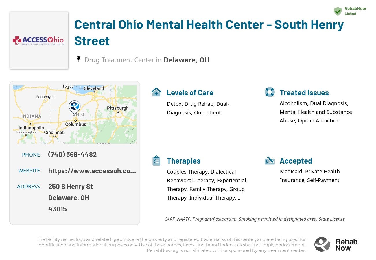 Helpful reference information for Central Ohio Mental Health Center - South Henry Street, a drug treatment center in Ohio located at: 250 S Henry St, Delaware, OH 43015, including phone numbers, official website, and more. Listed briefly is an overview of Levels of Care, Therapies Offered, Issues Treated, and accepted forms of Payment Methods.