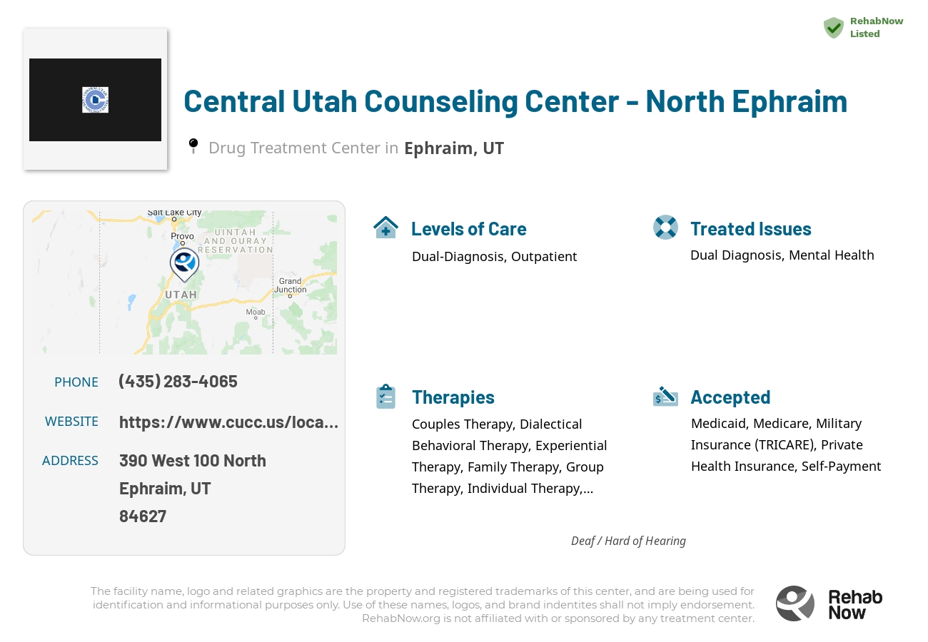 Helpful reference information for Central Utah Counseling Center - North Ephraim, a drug treatment center in Utah located at: 390 390 West 100 North, Ephraim, UT 84627, including phone numbers, official website, and more. Listed briefly is an overview of Levels of Care, Therapies Offered, Issues Treated, and accepted forms of Payment Methods.