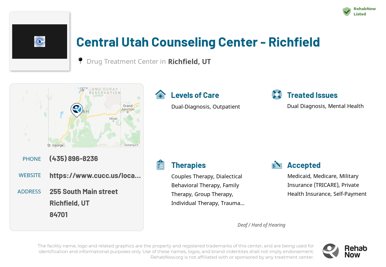 Helpful reference information for Central Utah Counseling Center - Richfield, a drug treatment center in Utah located at: 255 255 South Main street, Richfield, UT 84701, including phone numbers, official website, and more. Listed briefly is an overview of Levels of Care, Therapies Offered, Issues Treated, and accepted forms of Payment Methods.