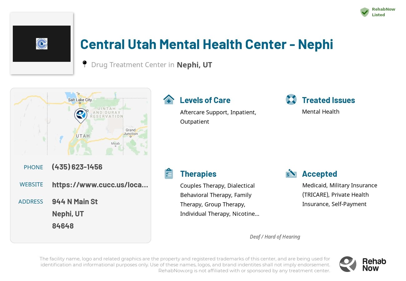 Helpful reference information for Central Utah Mental Health Center - Nephi, a drug treatment center in Utah located at: 944 N Main St, Nephi, UT 84648, including phone numbers, official website, and more. Listed briefly is an overview of Levels of Care, Therapies Offered, Issues Treated, and accepted forms of Payment Methods.