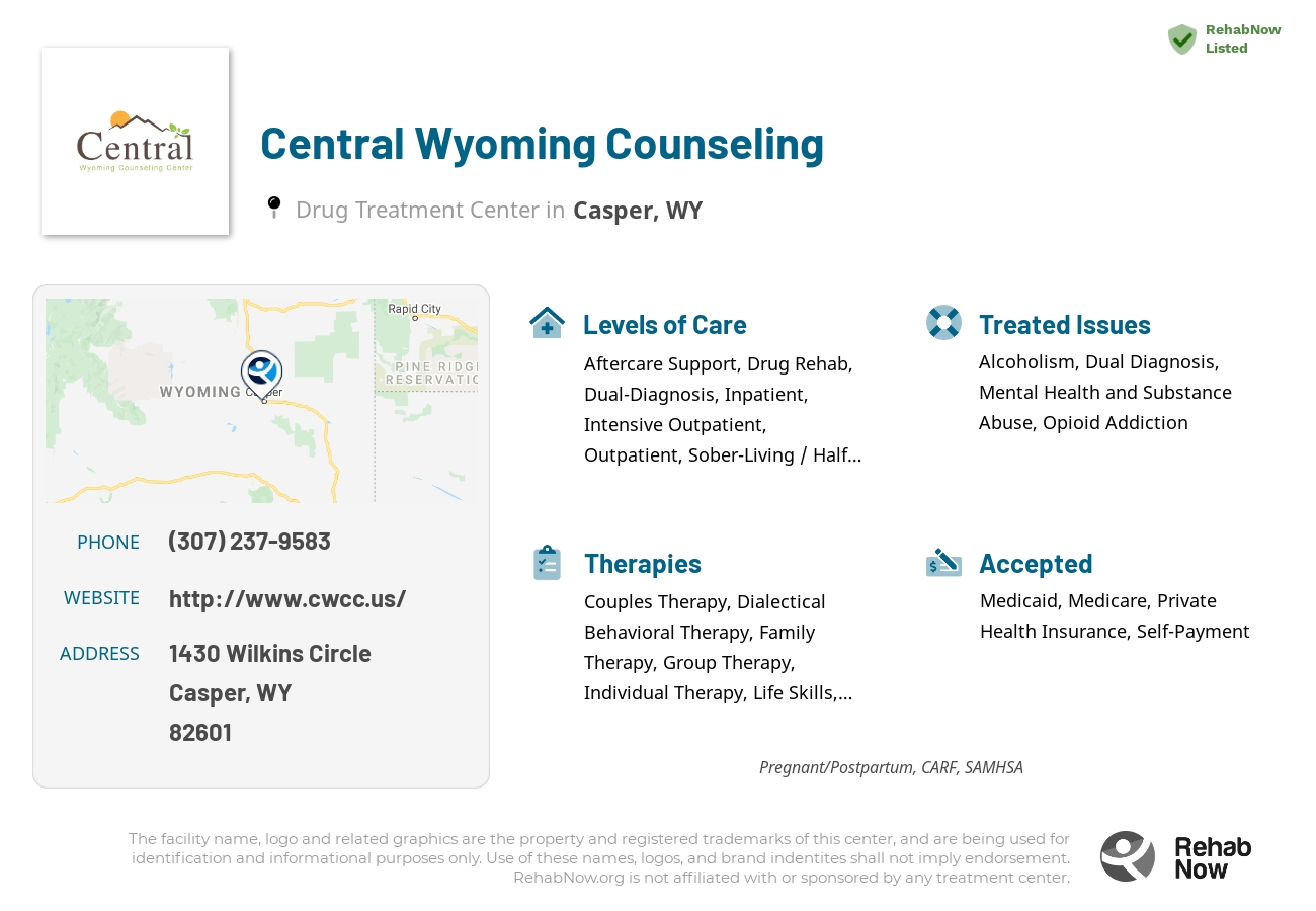Helpful reference information for Central Wyoming Counseling, a drug treatment center in Wyoming located at: 1430 1430 Wilkins Circle, Casper, WY 82601, including phone numbers, official website, and more. Listed briefly is an overview of Levels of Care, Therapies Offered, Issues Treated, and accepted forms of Payment Methods.