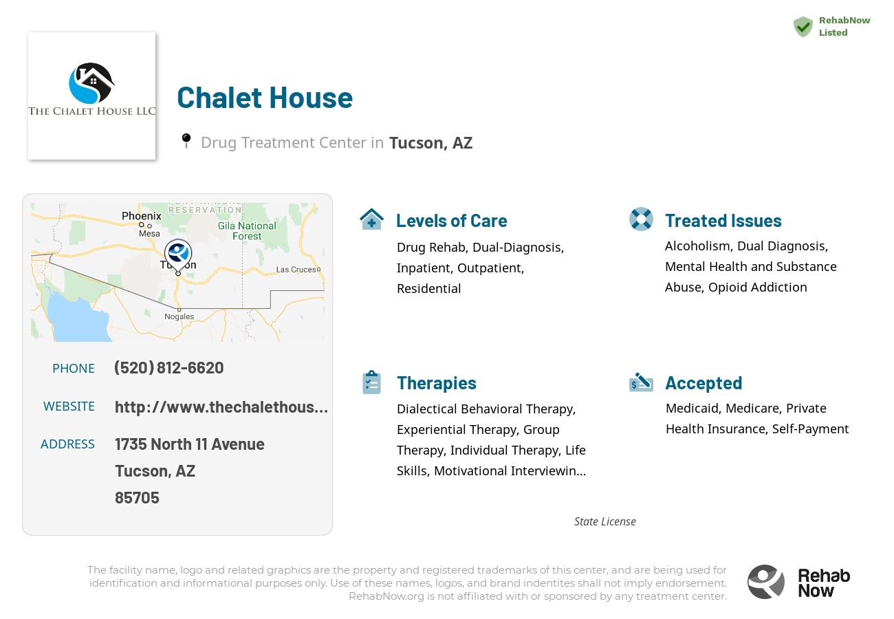 Helpful reference information for Chalet House, a drug treatment center in Arizona located at: 1735 North 11 Avenue, Tucson, AZ, 85705, including phone numbers, official website, and more. Listed briefly is an overview of Levels of Care, Therapies Offered, Issues Treated, and accepted forms of Payment Methods.